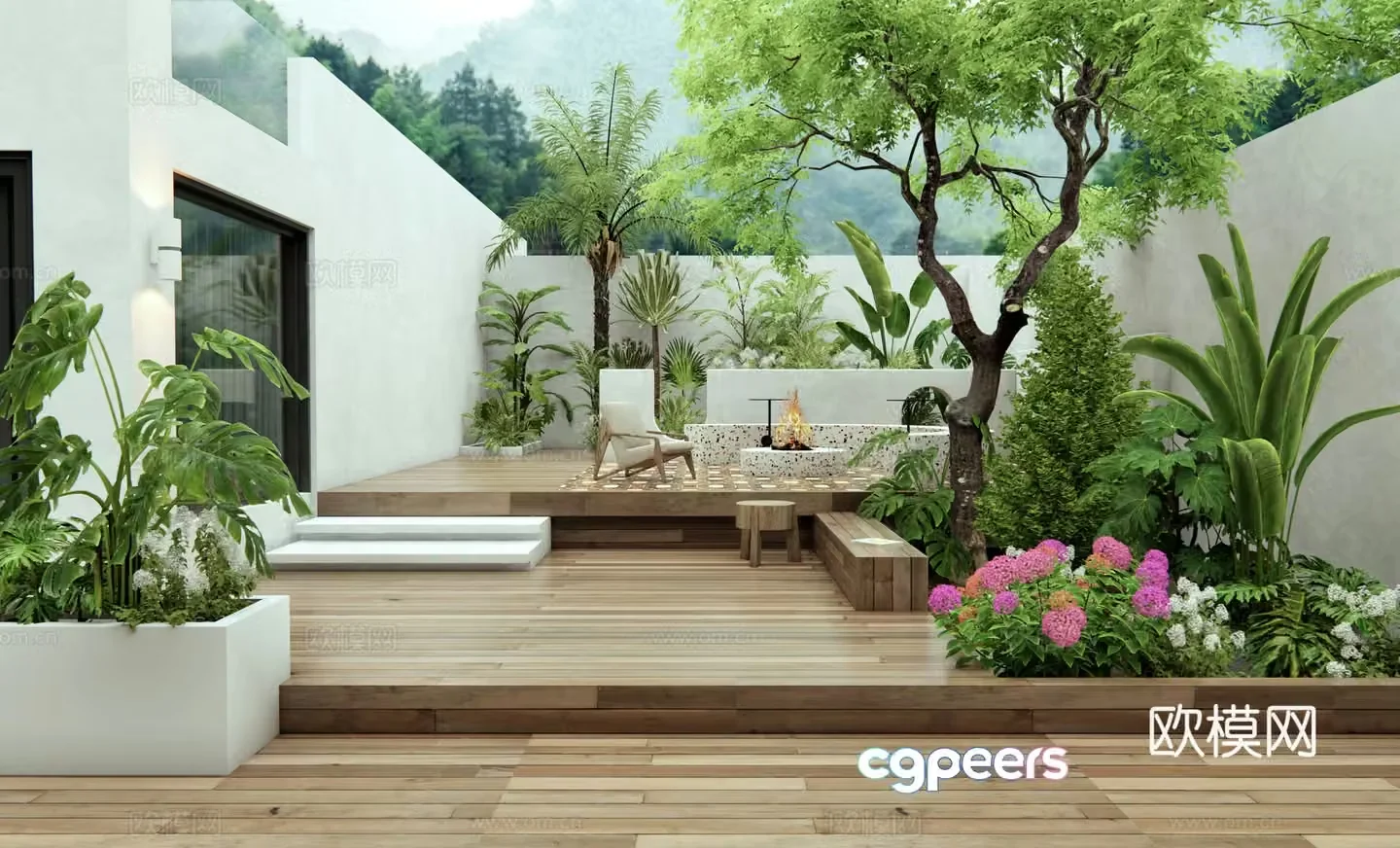 Modern villa courtyard garden plant combination shrub flowers and plants landscape trees flower border plant pile 3d model
