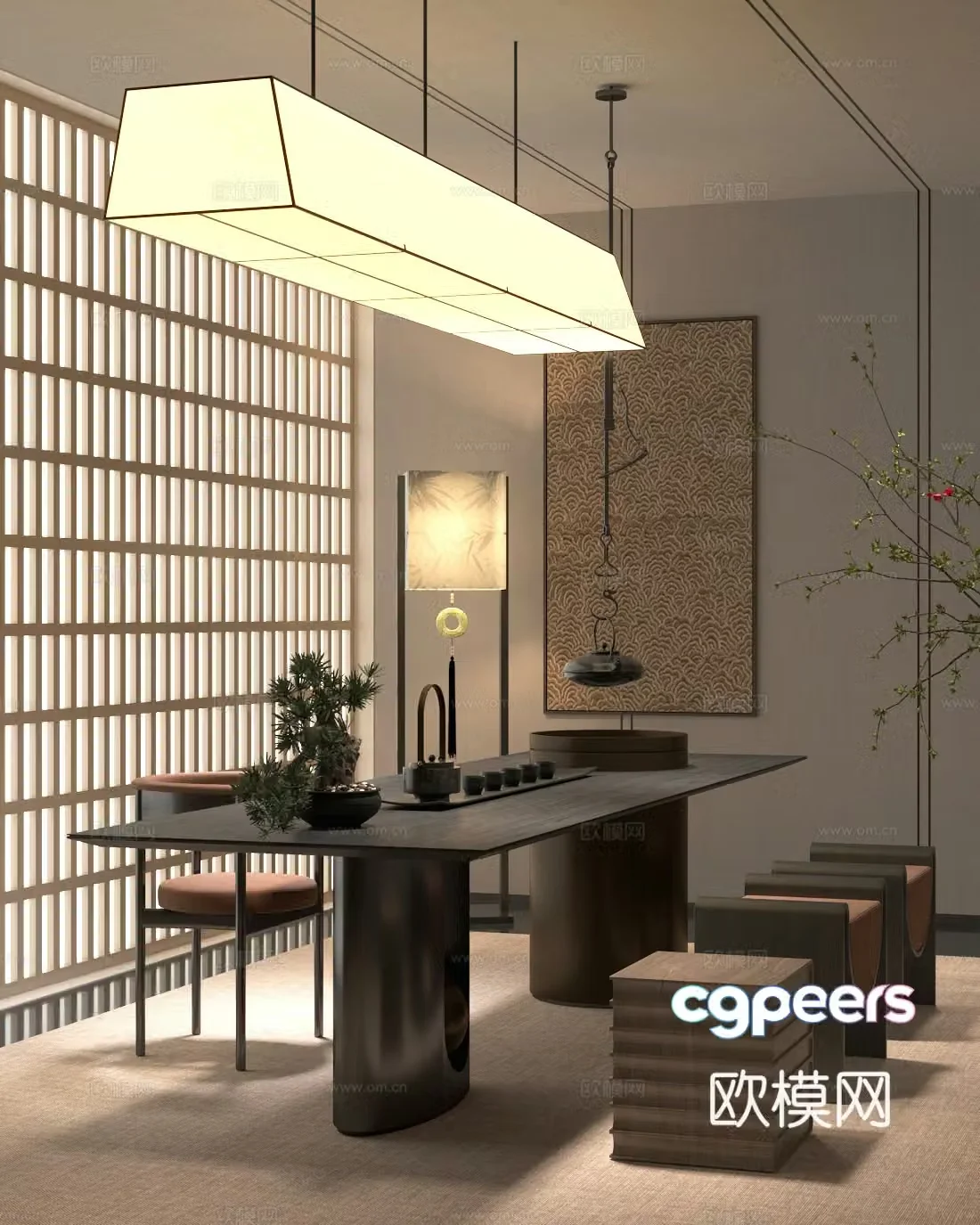 New Chinese-style tea room indoor tea room tea table and chair combination chandelier tea set combination floor lamp 3D model