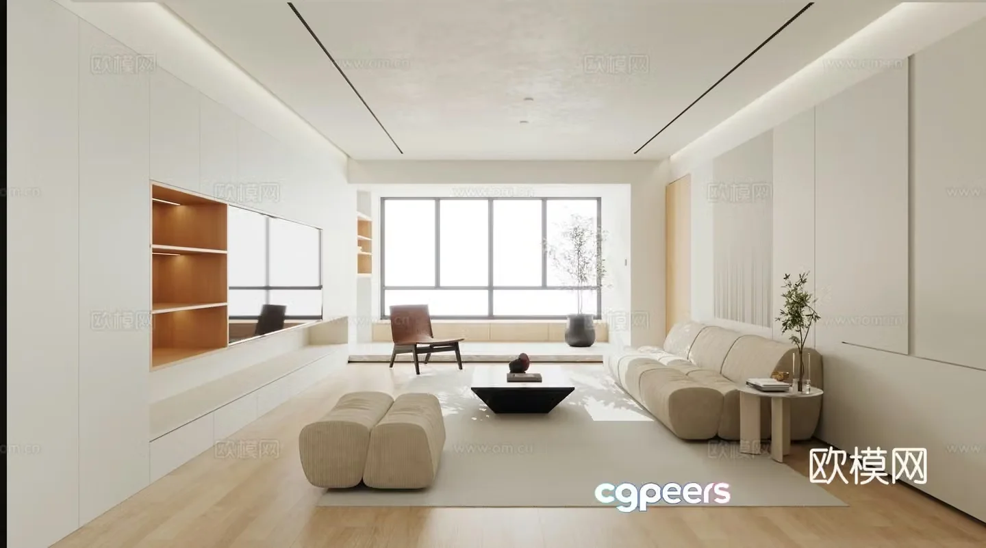 Modern minimalist log living room 3d model