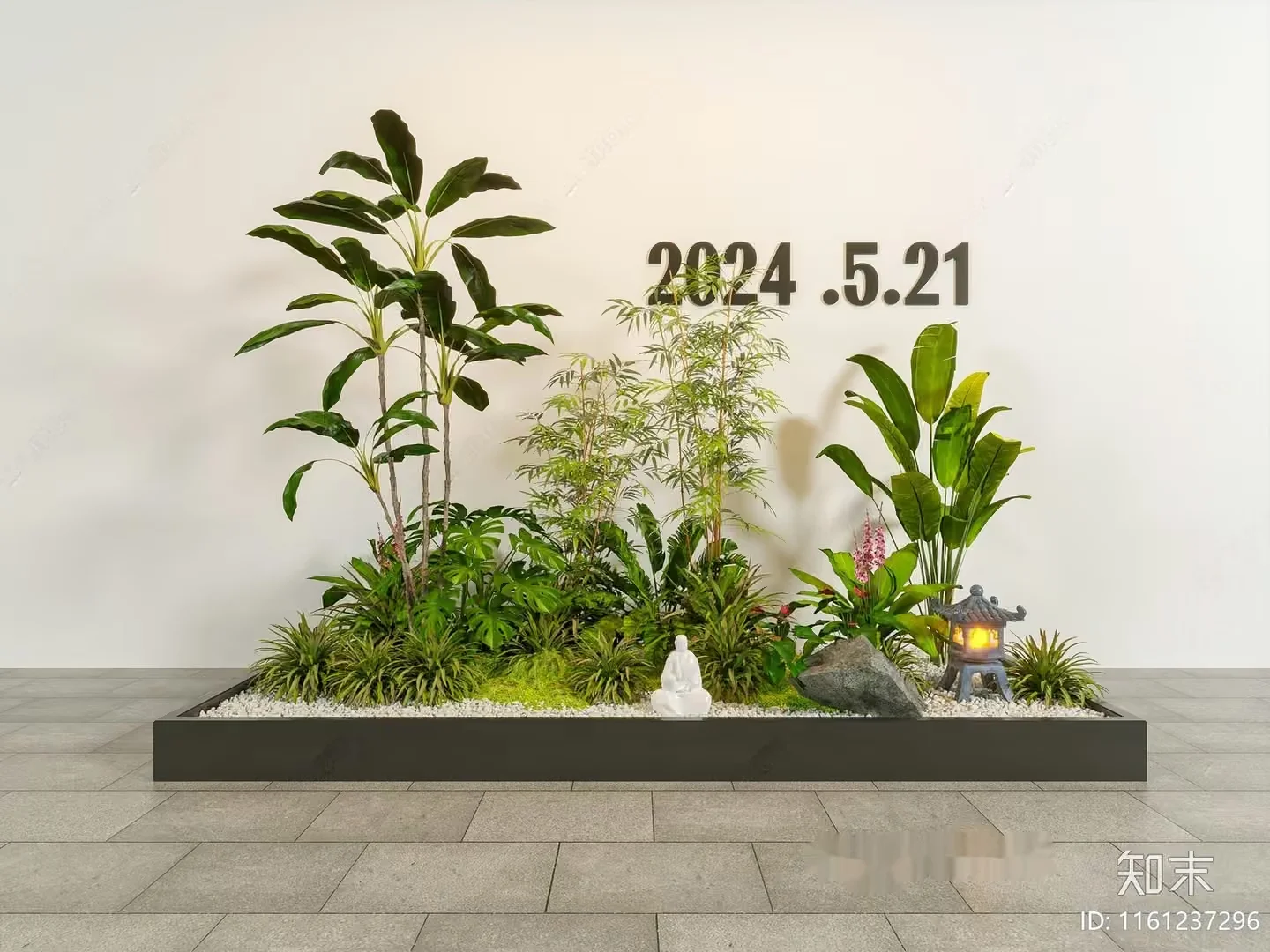 A Zen Garden With A Statue And Plants 3D Model – 16804 – VRAY Render