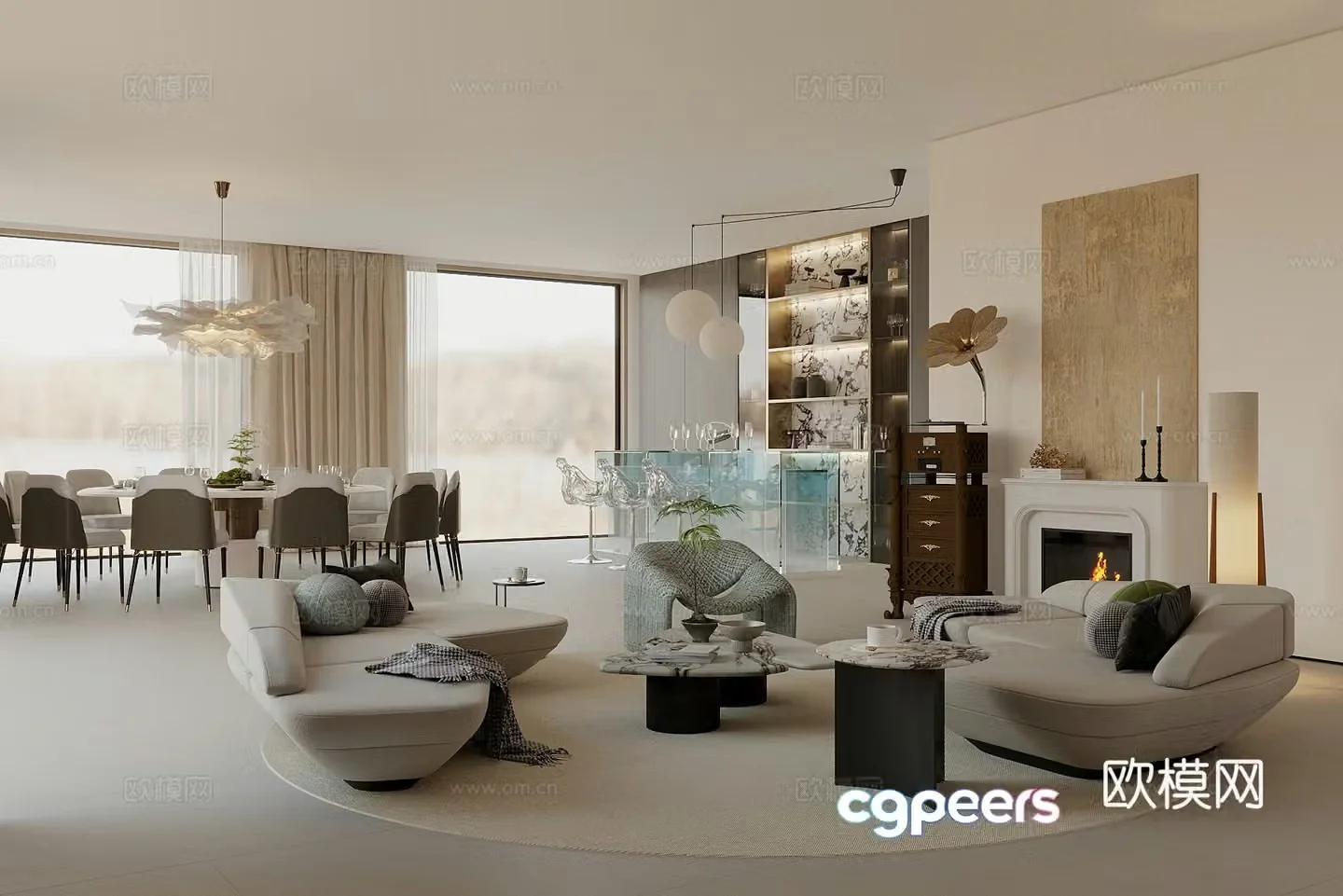 Modern home living and dining room Living room Large living room Open dining room 3D model