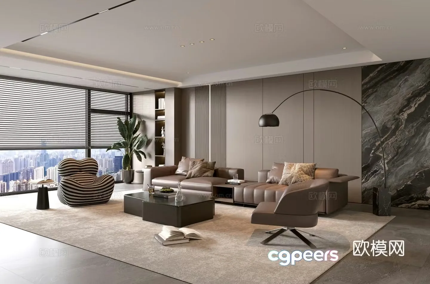 Italian living room sofa coffee table combination leisure chair floor lamp sofa stool decoration hanging painting 3D model
