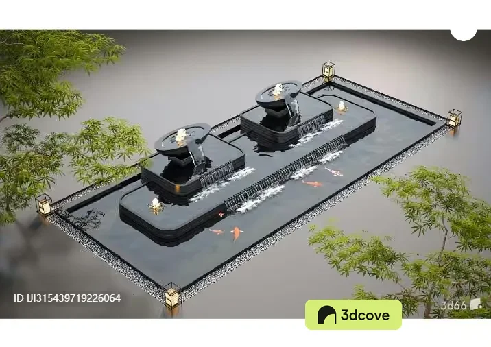 A Serene 3D Rendering Of A Pond With A Fountain