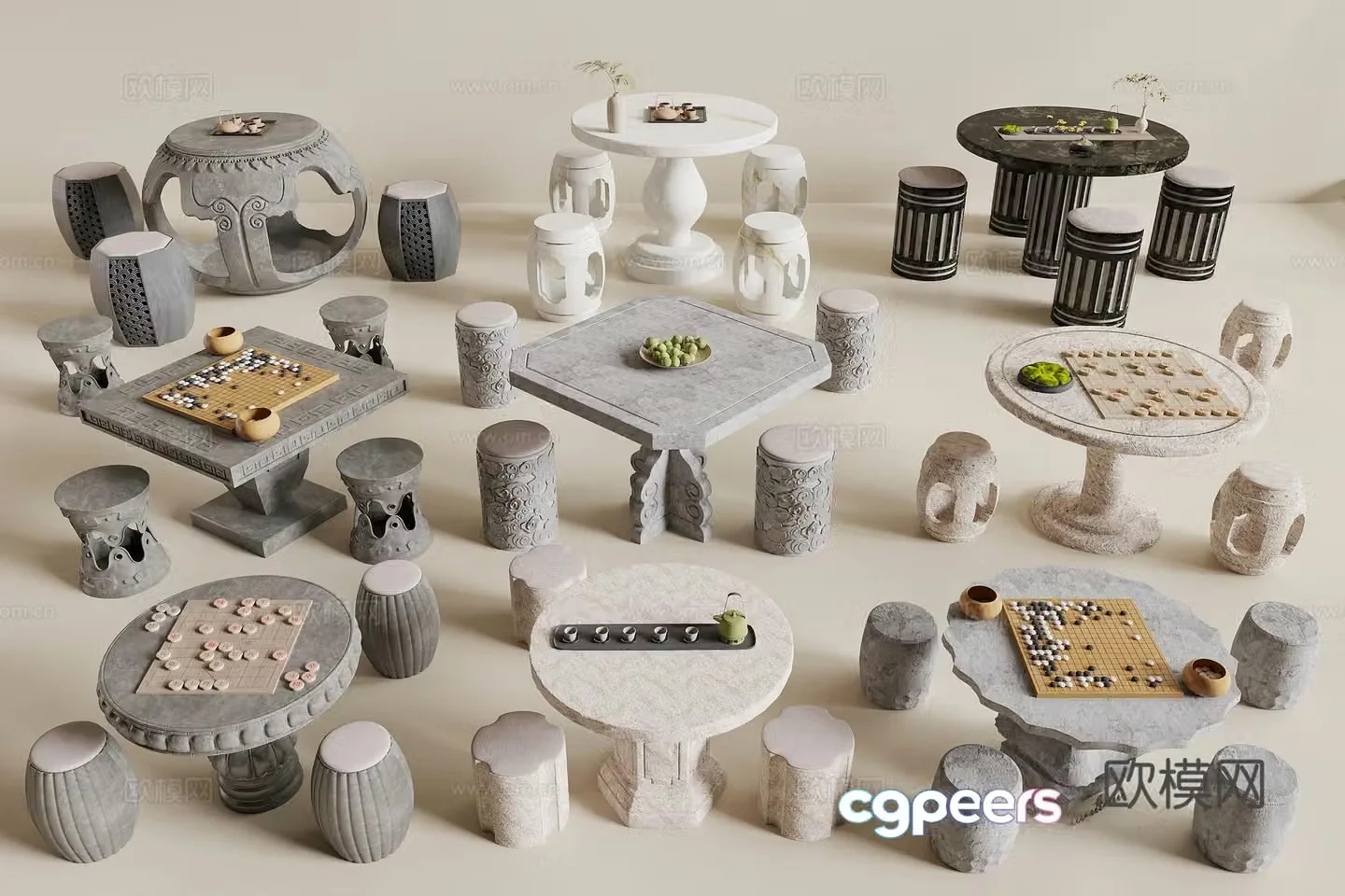 Chinese stone table and stone bench 3D model