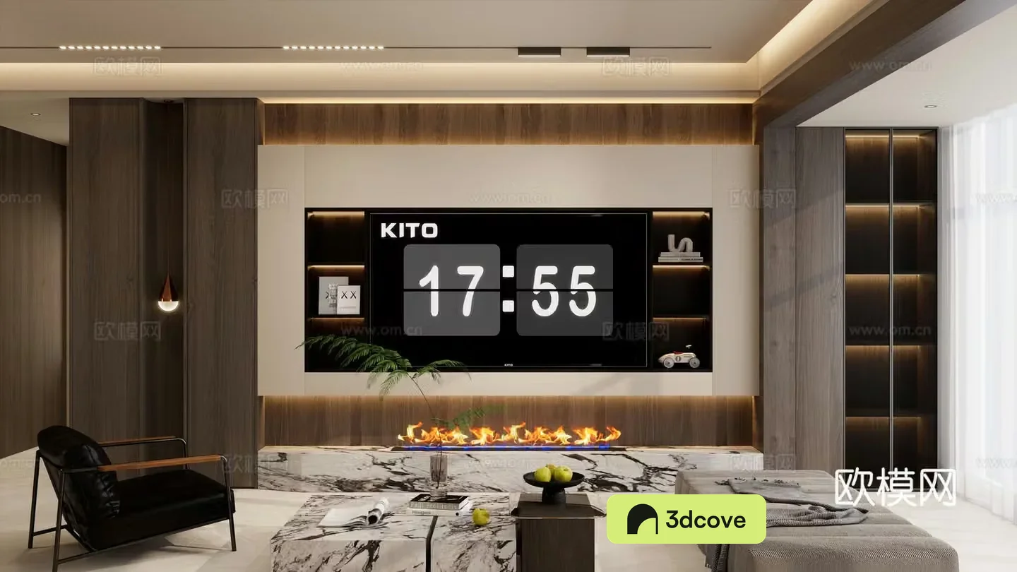 Italian style light luxury style embedded TV no main light flame niche curved niche villa living room