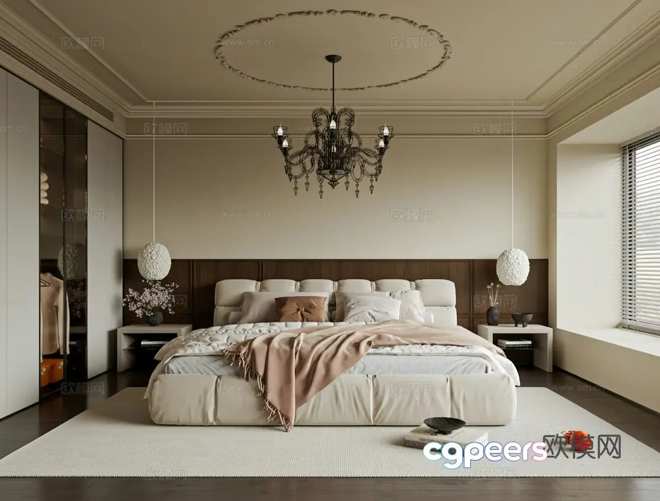 French bedroom bed nightstand accessories curtains carpet 3d model