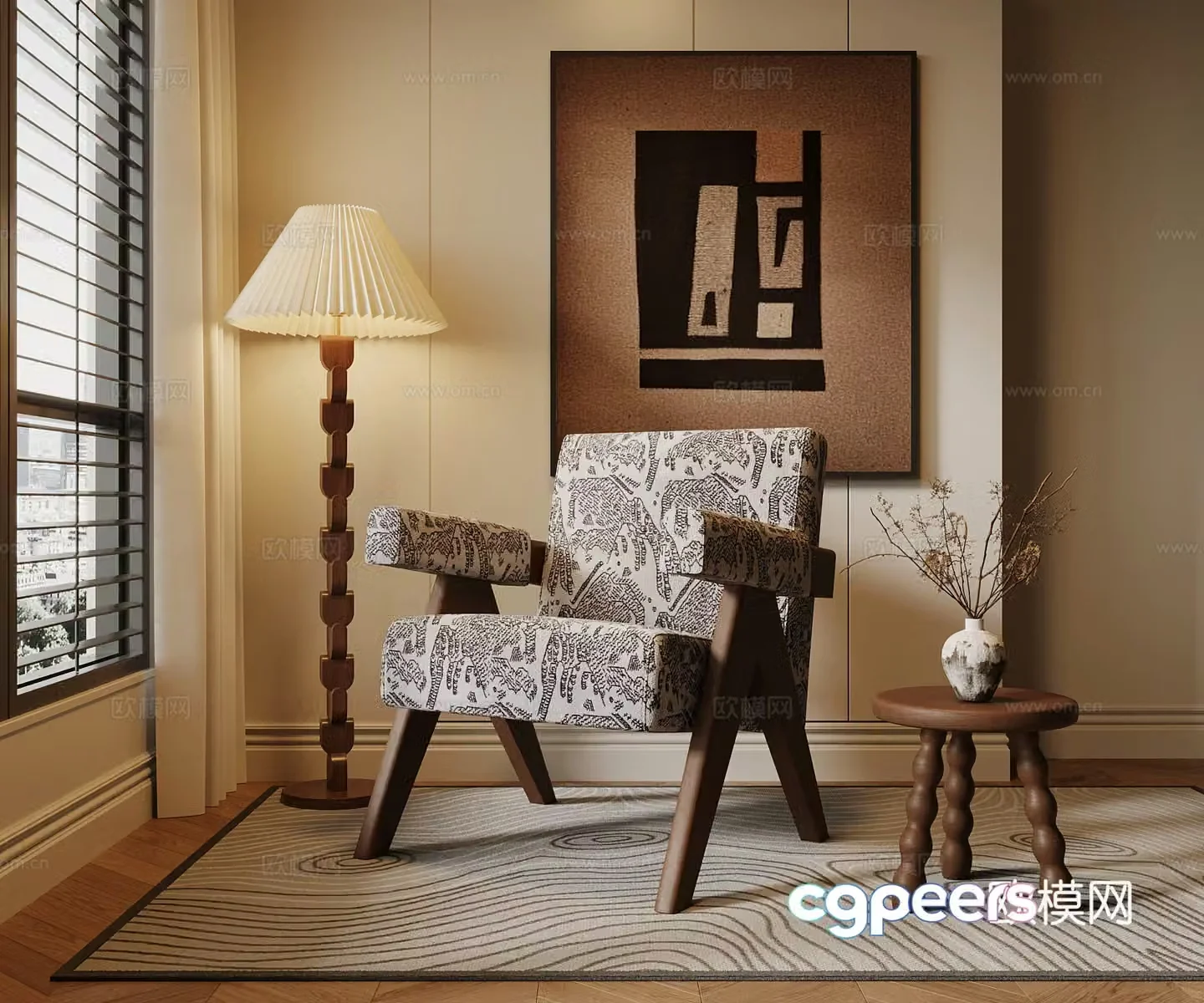 Medium style leisure chair floor lamp side table decorative painting 3D model