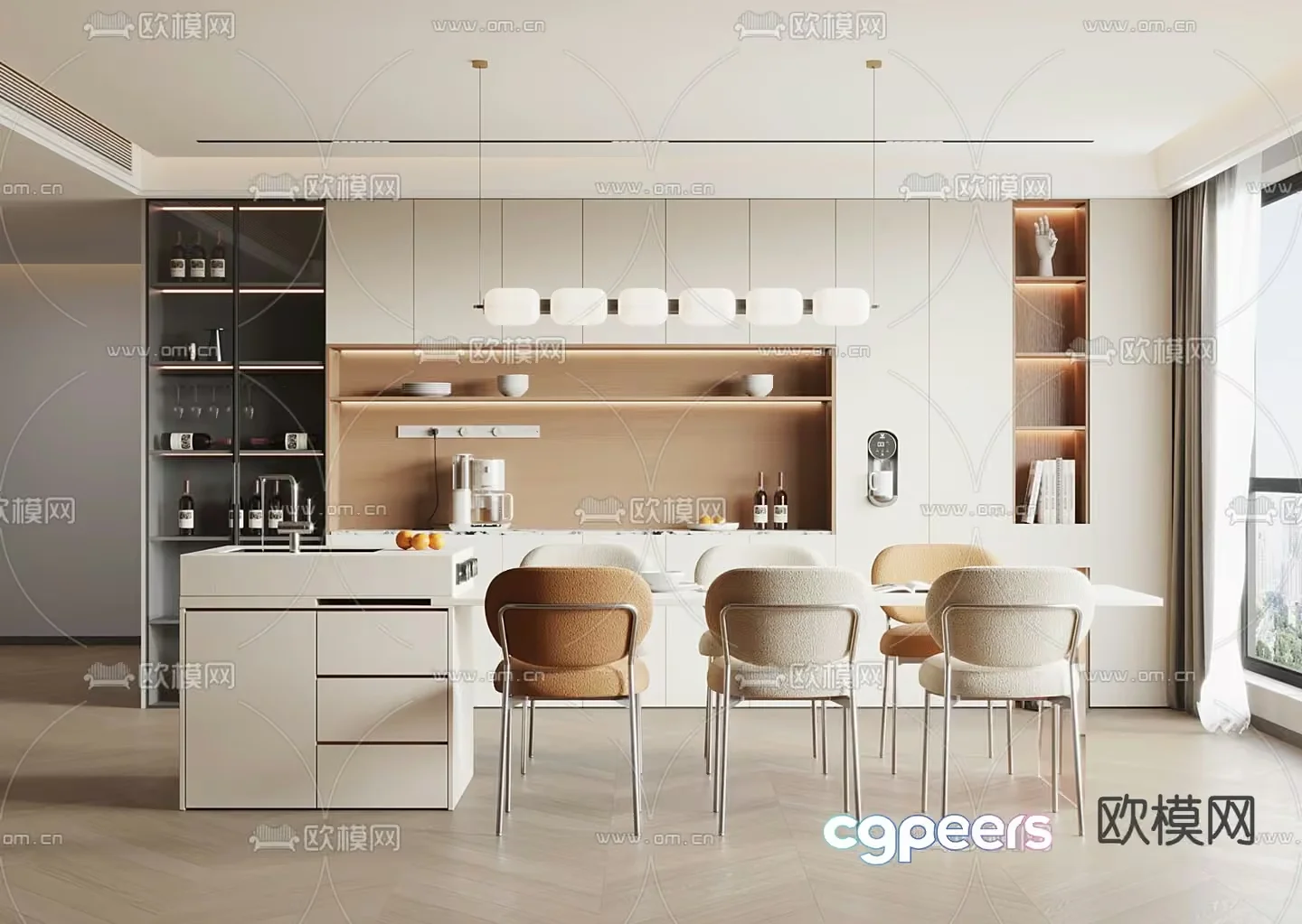 Modern Light-Colored Kitchen 3D Model – 17378 – VRAY Render