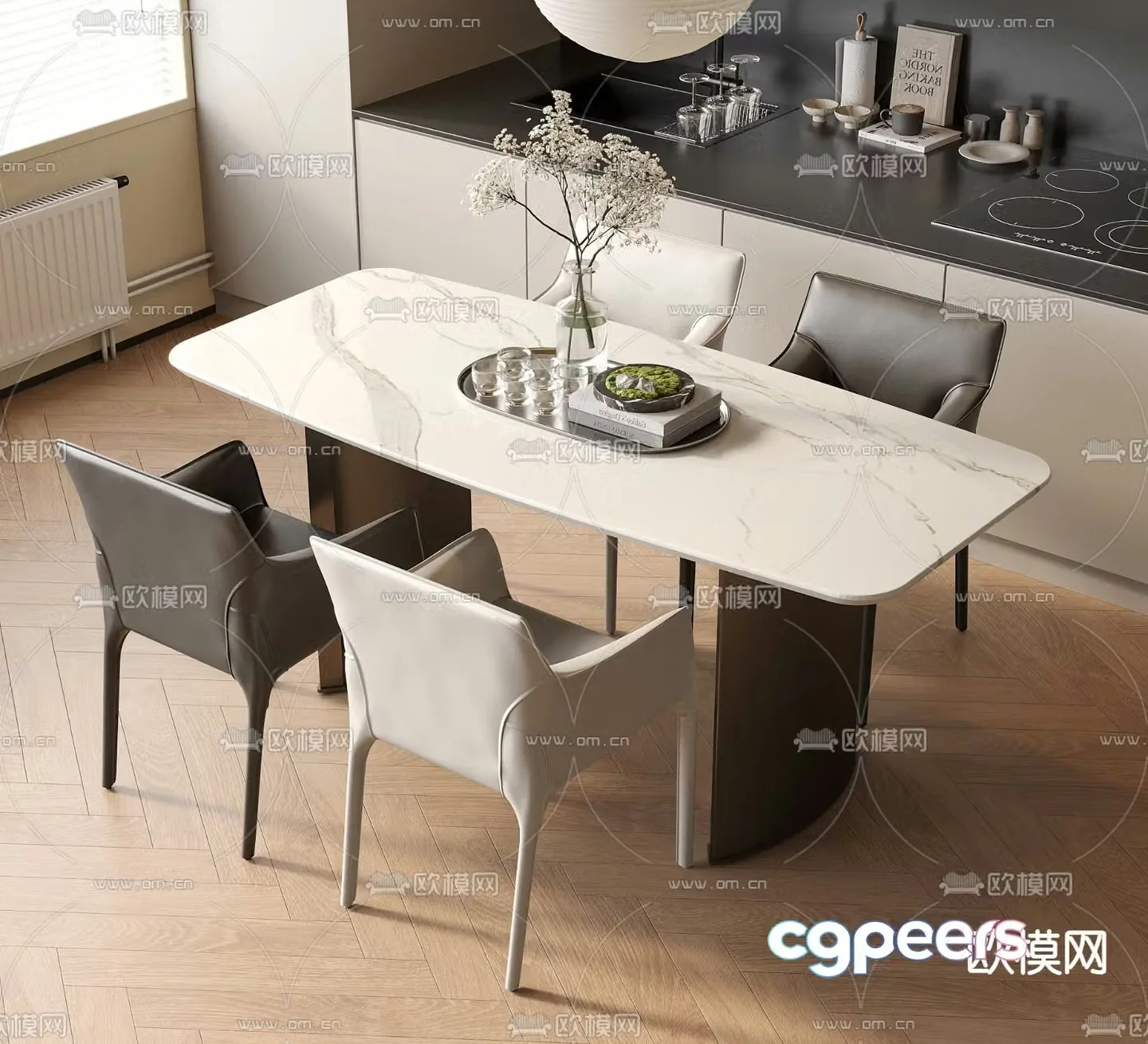 Modern dining table and chairs marble dining table 3d model