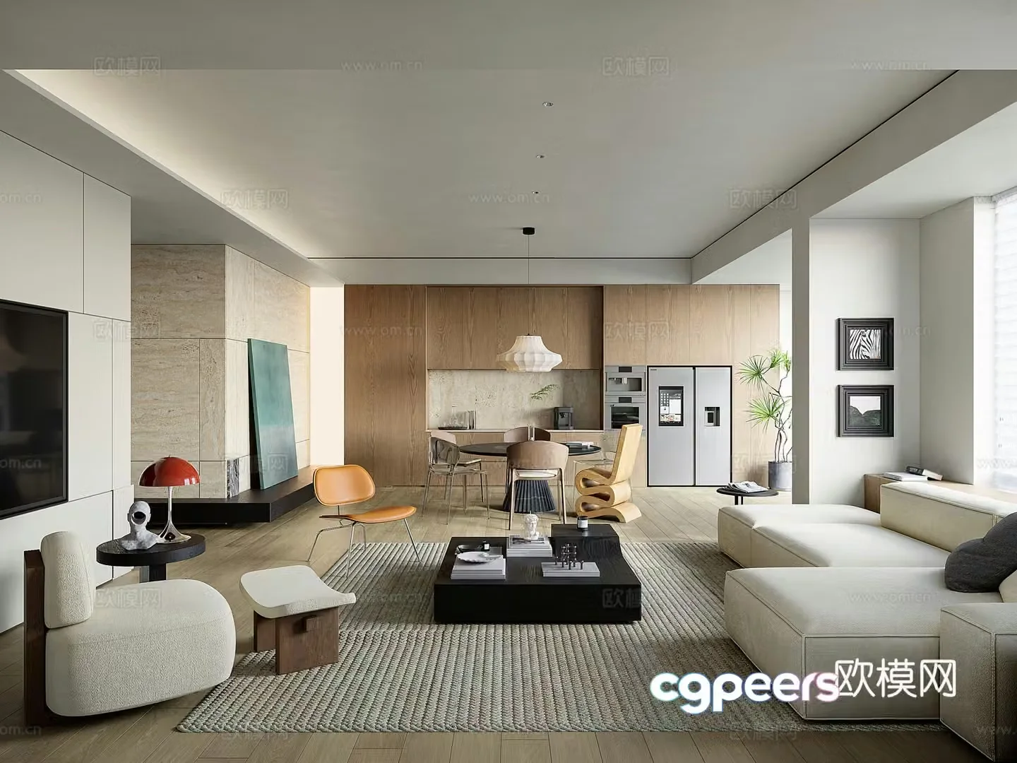 Modern flat living and dining room 3D model