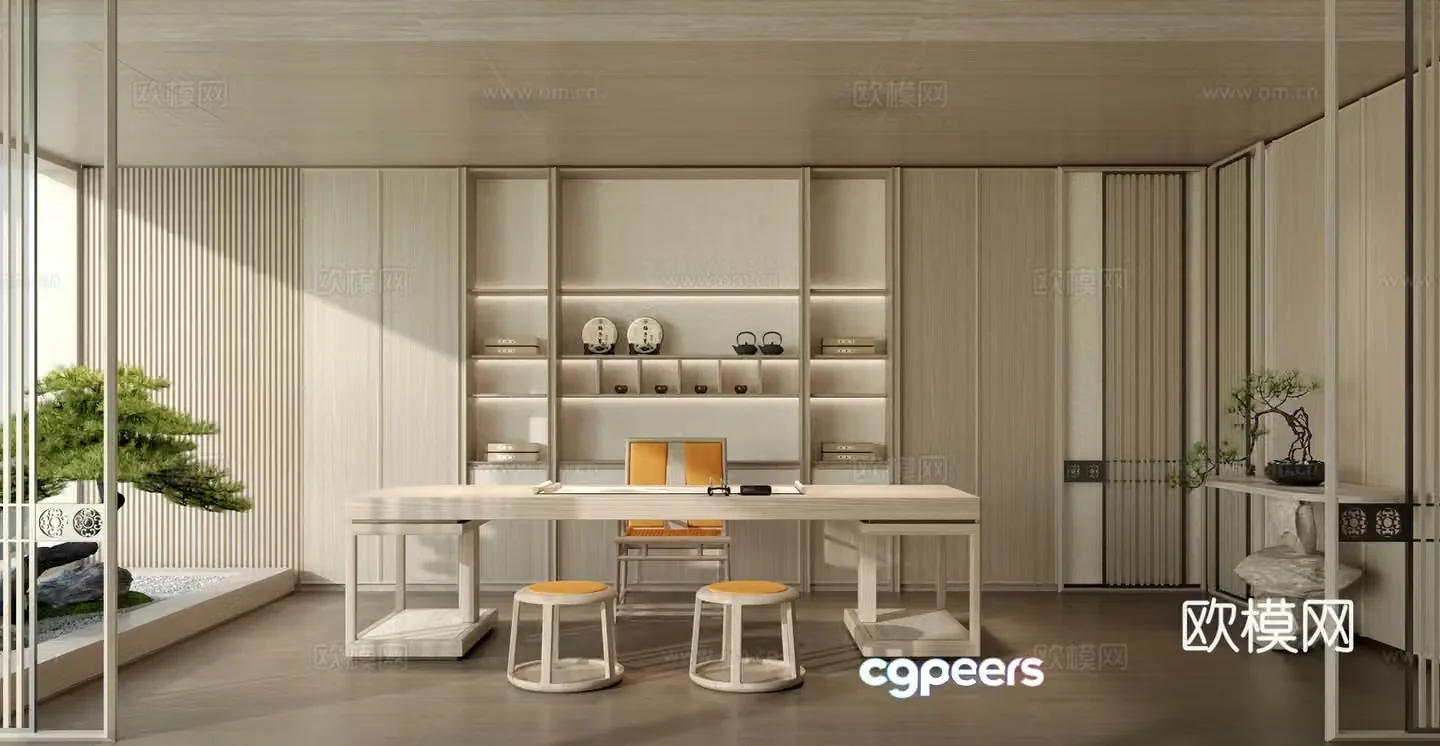 Song’s aesthetic tea room study room new Chinese style screen partition tea table desk chair pine tree 3D model