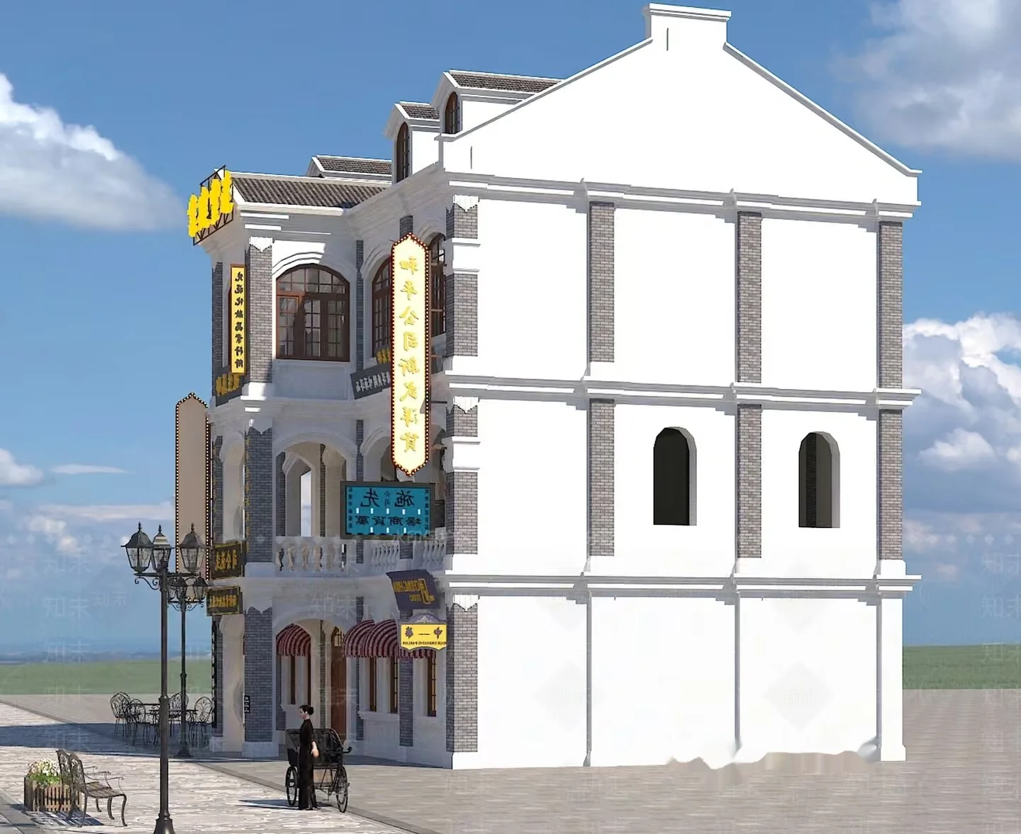 A White Building With A Sign In Chinese 3D Model – 14715 – VRAY Render