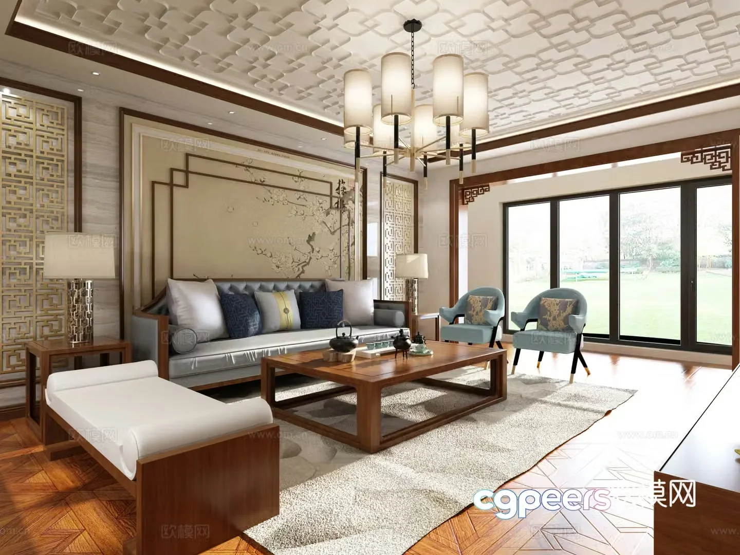 New Chinese style living and dining room chandelier sofa coffee table 3D model