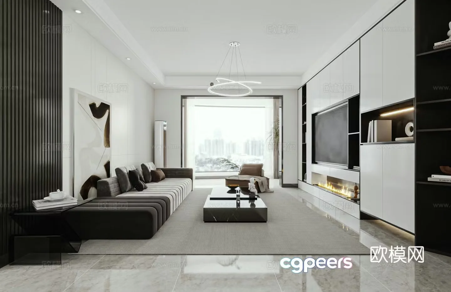 Modern black white and gray living room 3d model