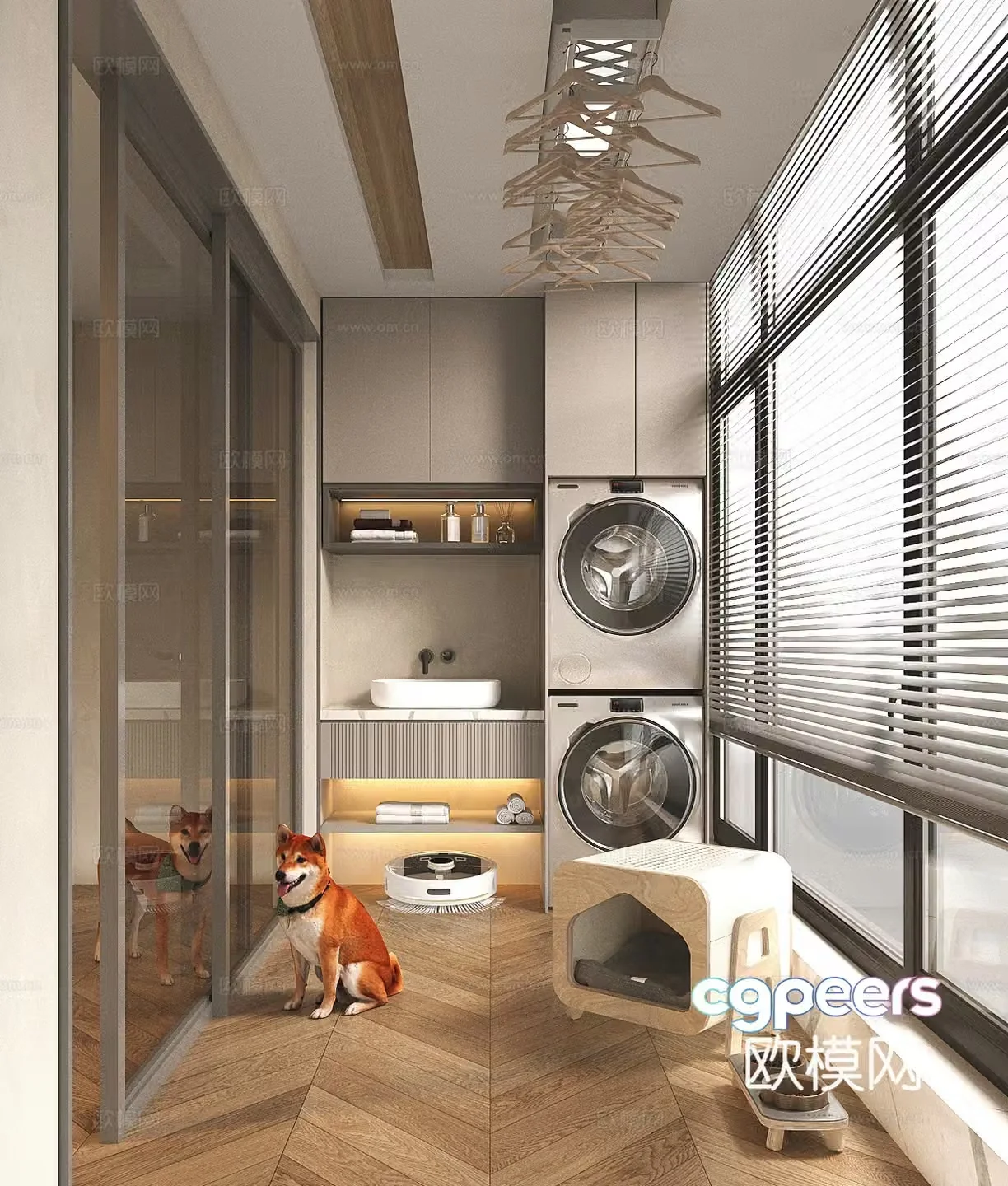 Modern washing machine cabinet Balcony washing machine cabinet Washing table Sweeping robot Clothes rack Drying 3D model