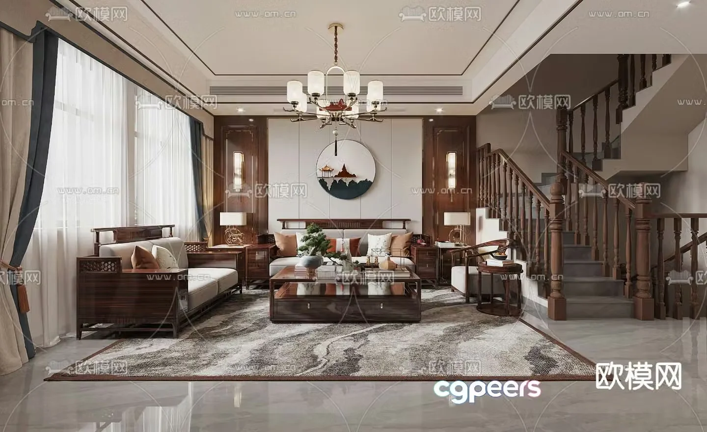 New Chinese living room Duplex living room 3D model