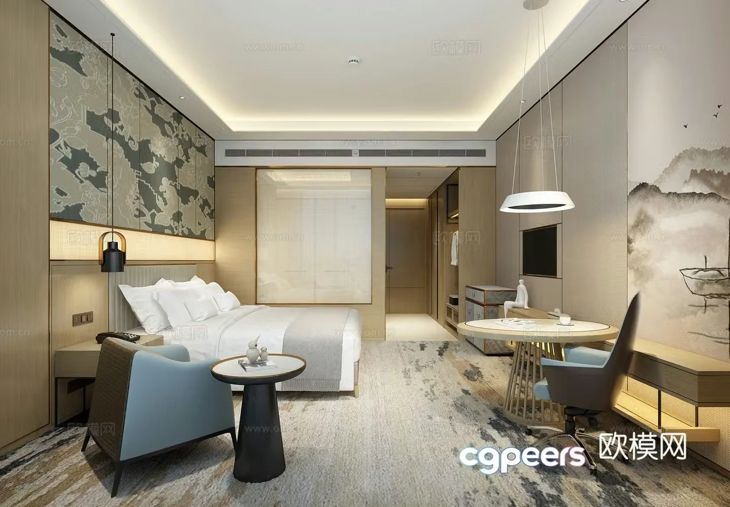 Hotel room double bed room 3d model