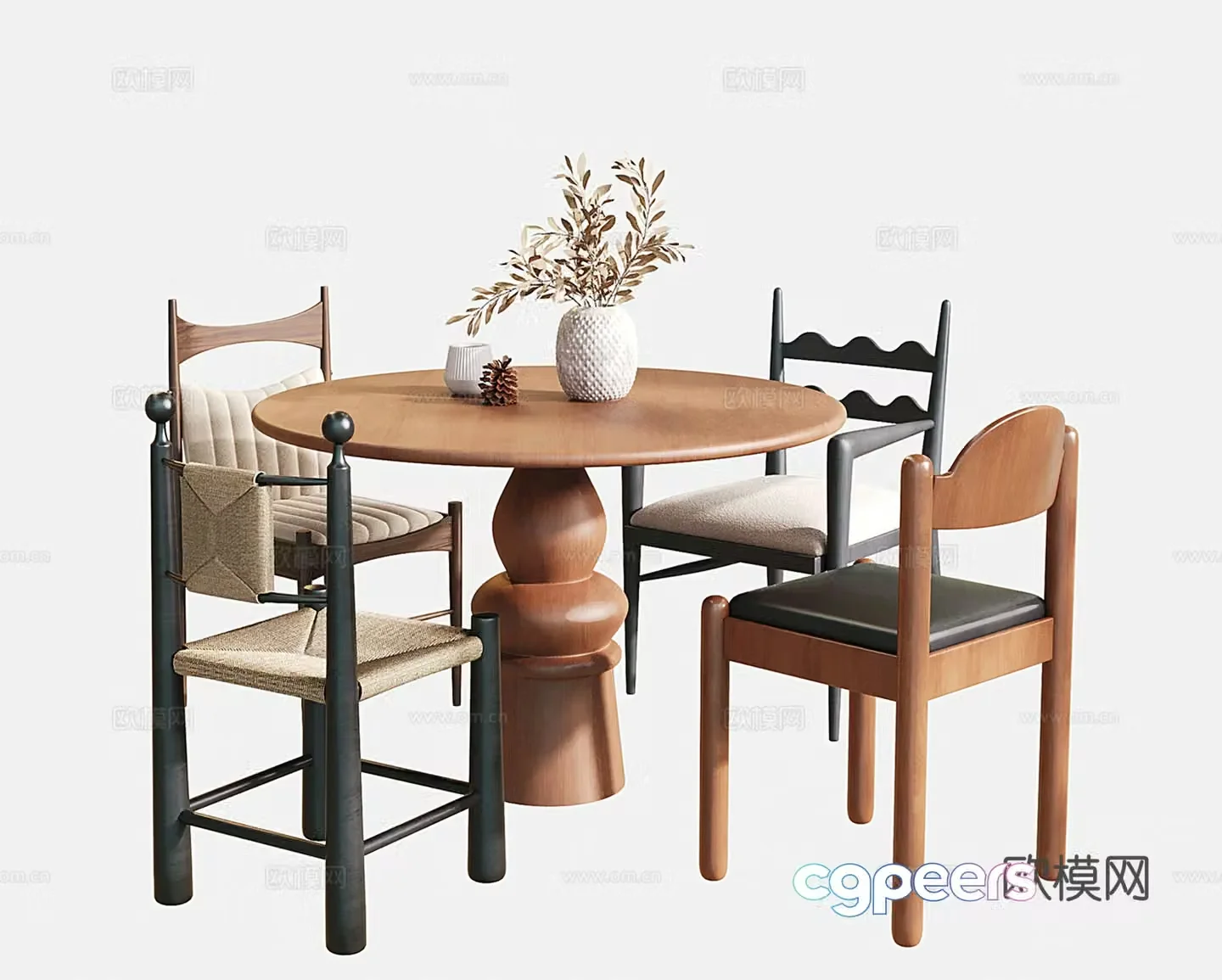 French medieval dining table and chairs Round dining table and dining chairs Single chair 3D model