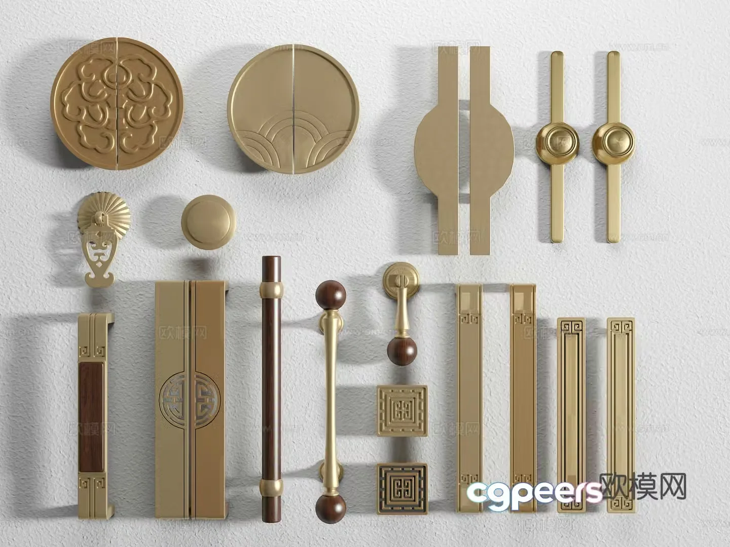 New Chinese style handle brass handle wardrobe door handle classical handle 3D model