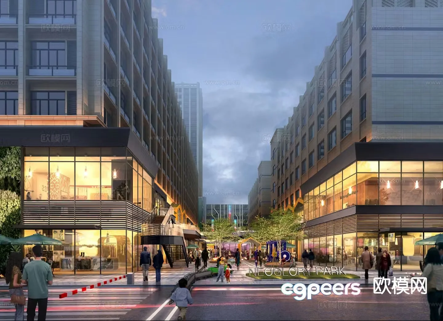3D model of commercial pedestrian street entrance