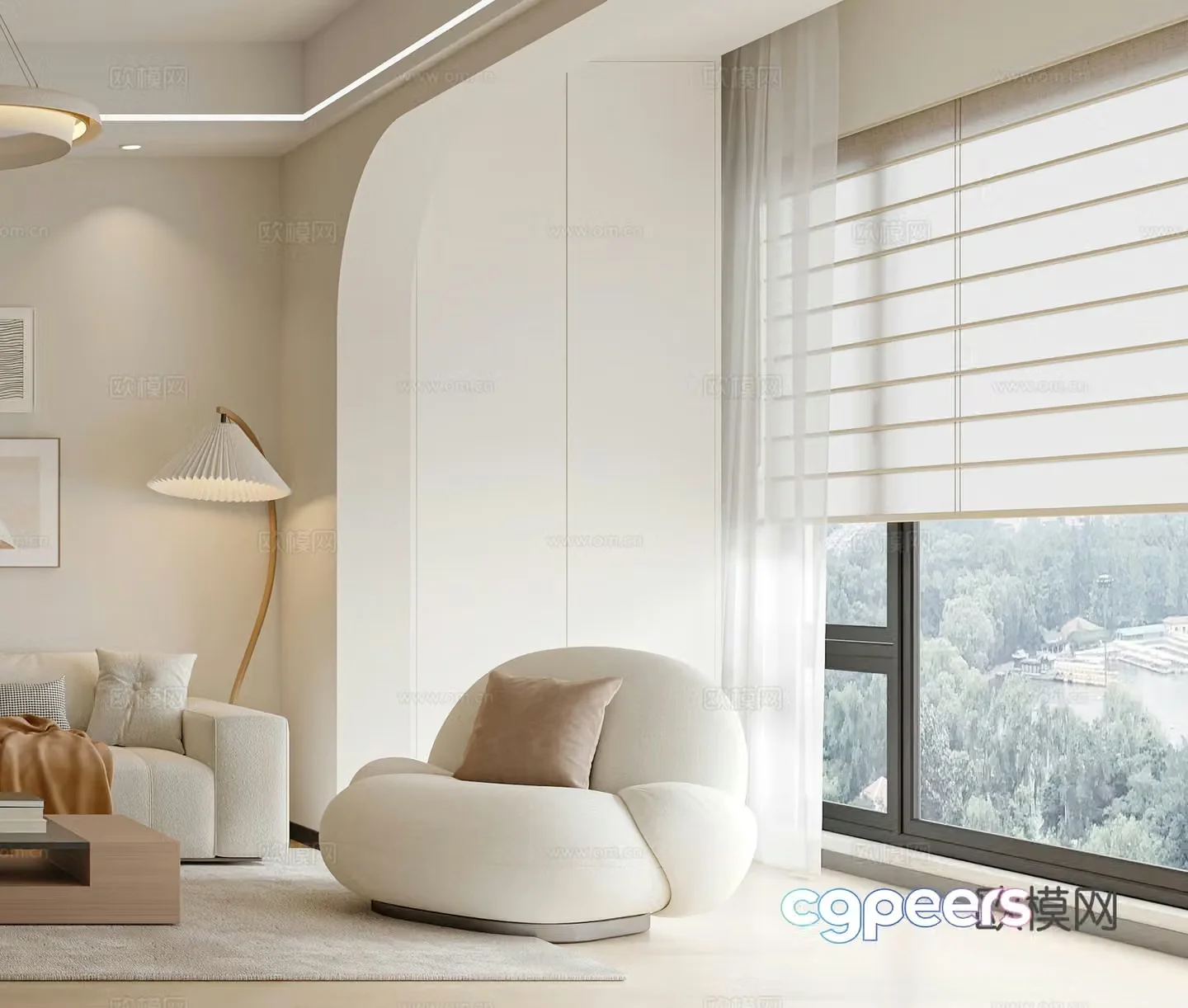 Creamy style leisure chair Floor lamp Single sofa Side table Side table Modern leisure chair Simple 3D model