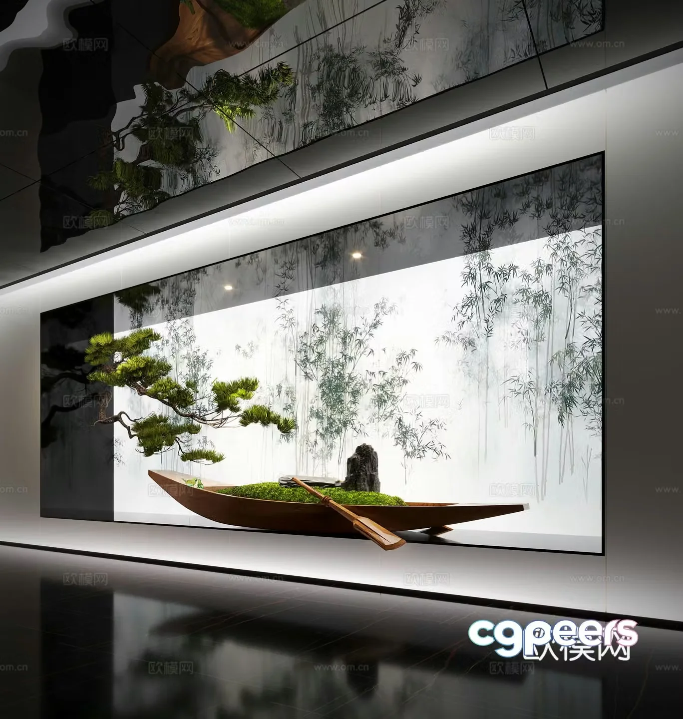 Modern art installation boat installation moss upside down pine trees interior landscape 3d model