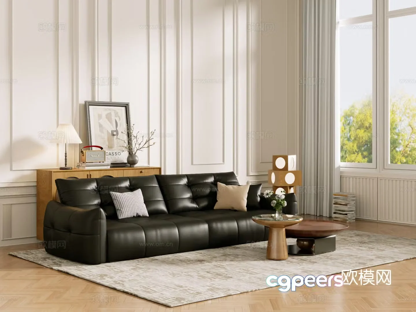 Middle-aged sofa combination coffee table carpet multi-person sofa 3D model