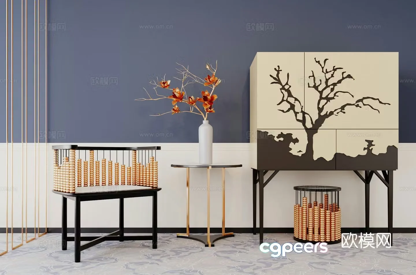 Neoclassical entrance cabinet plant ornament side coffee table single chair carpet 3D model
