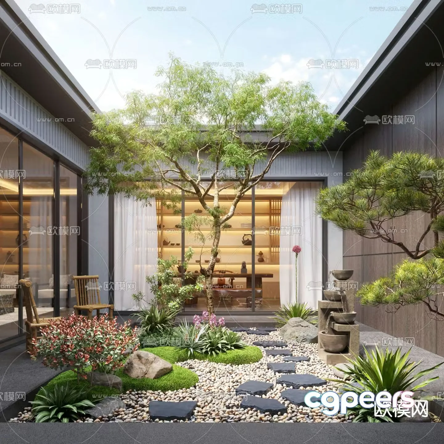 New Chinese style courtyard landscape moss landscape 3d model