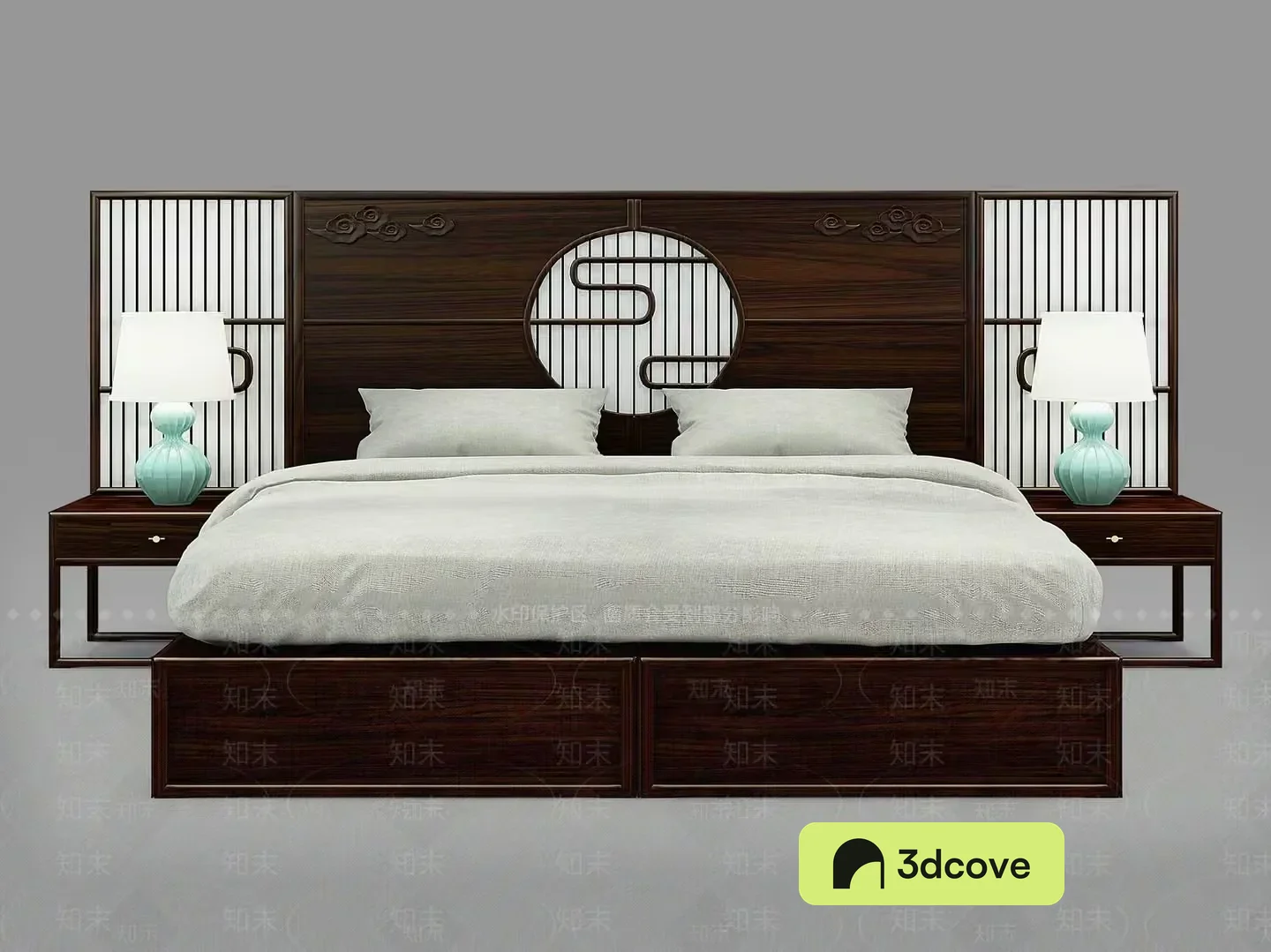 A Dark Wood Bed With A Circular Headboard
