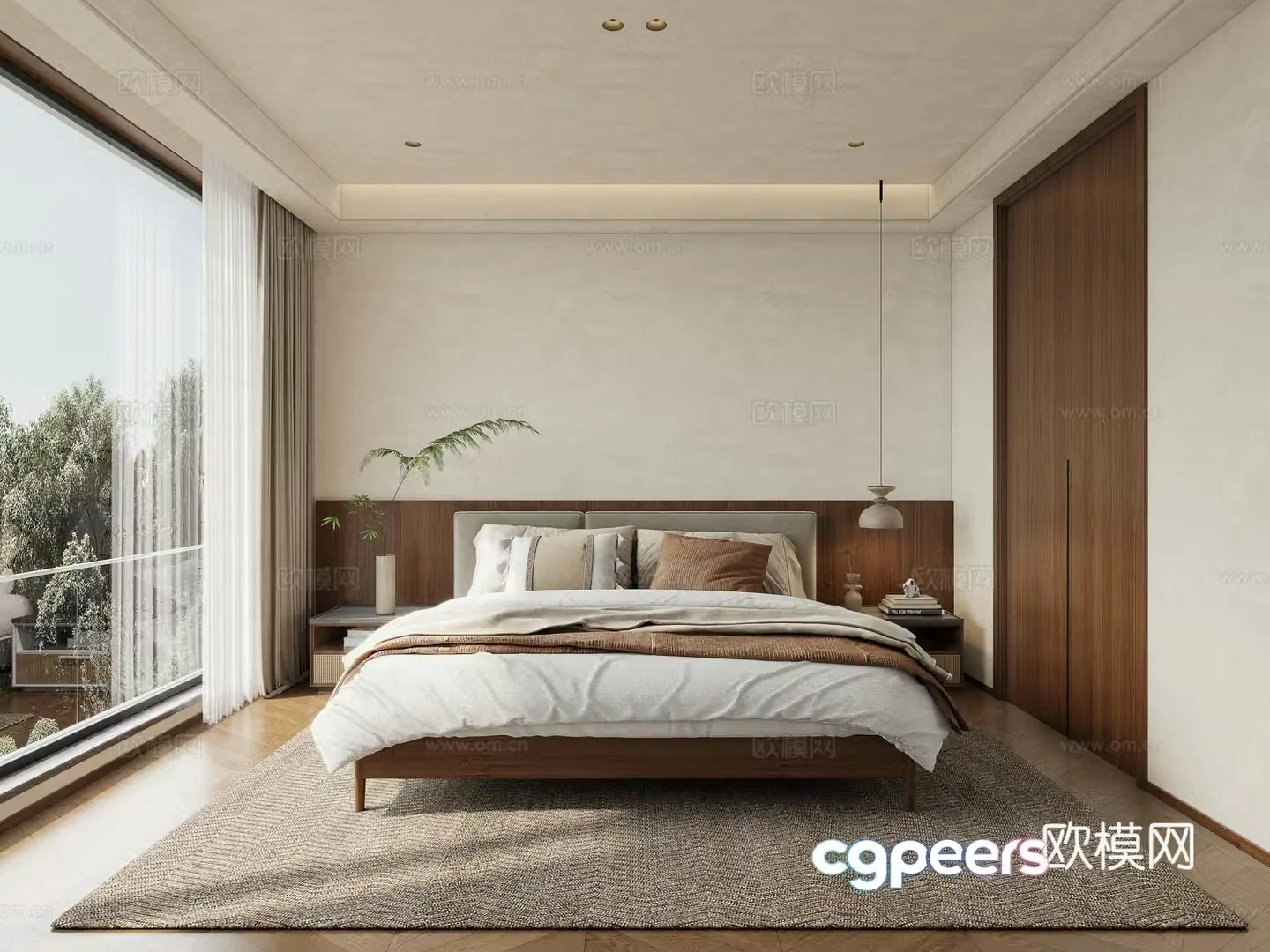 Wasabi wind bedroom medieval master bedroom Wasabi wind bedding combination bedside table wooden log wind 3D model