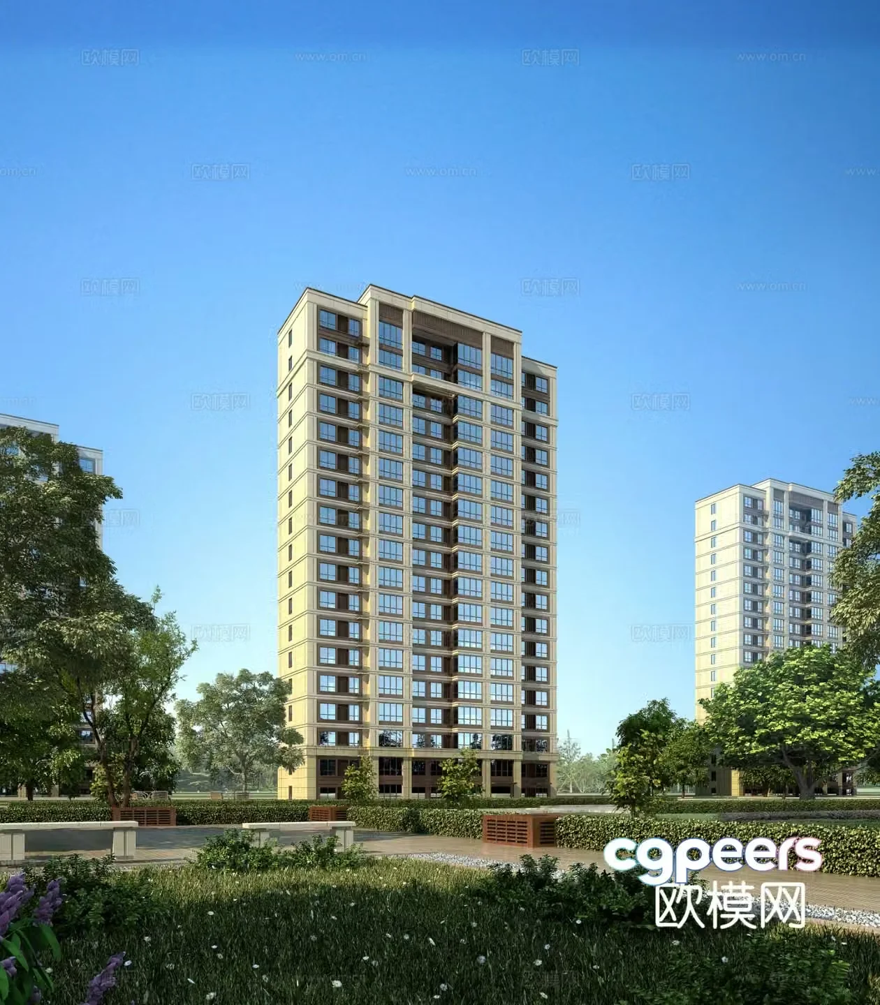 New Chinese style multi-story residential building exterior 3D model