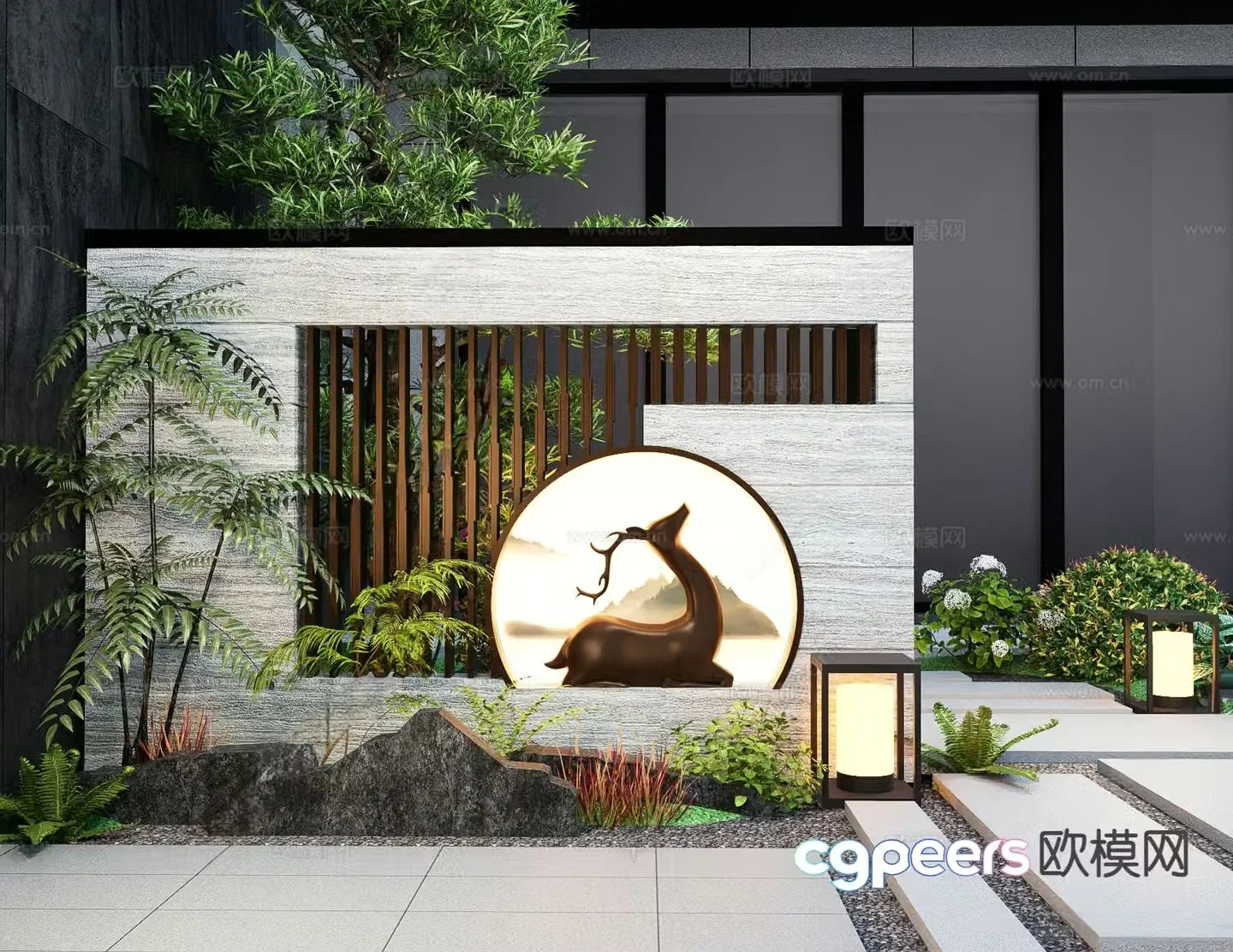 New Chinese style courtyard landscape wall background wall 3D model