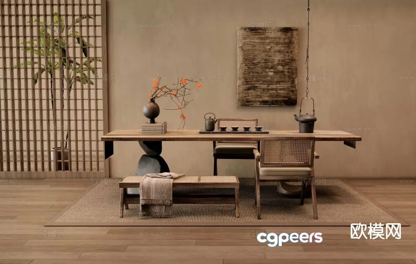 Wabi-sabi tea table and chair 3d model