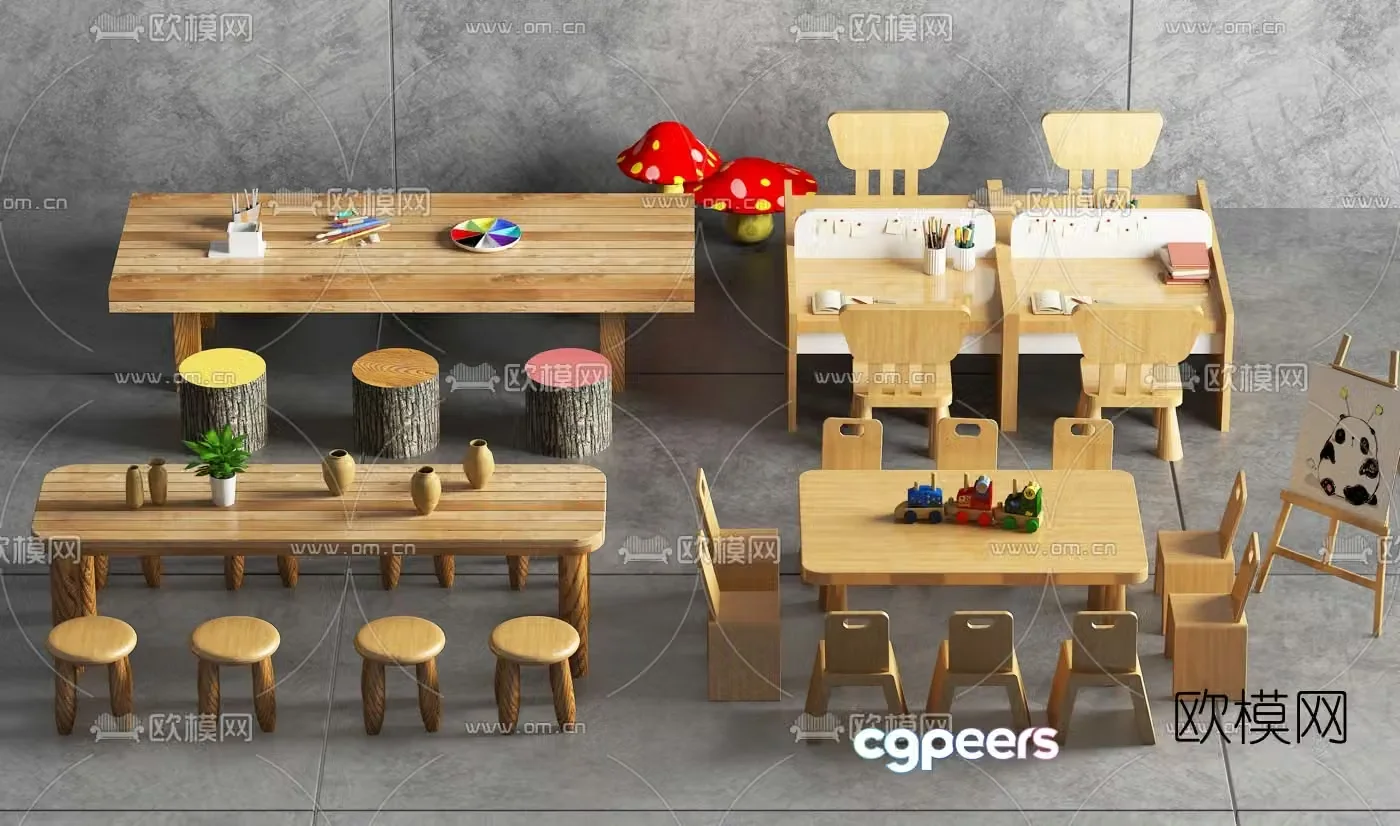 Nordic kindergarten children’s desks and chairs 3D model