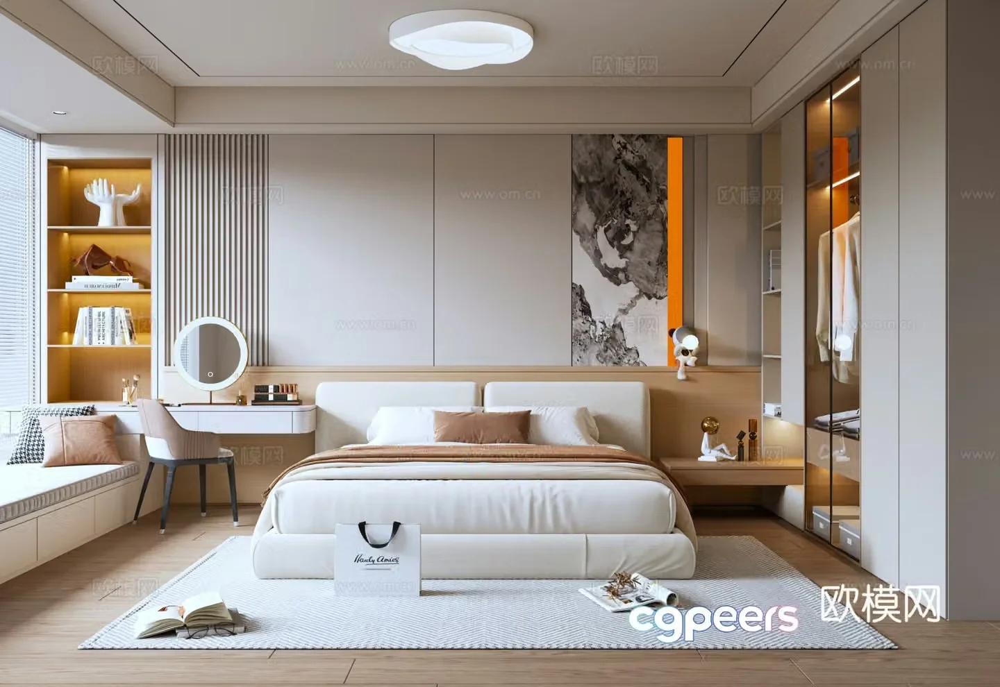 Modern minimalist home bedroom double bed makeup table wardrobe ceiling light background wall bay window 3d model