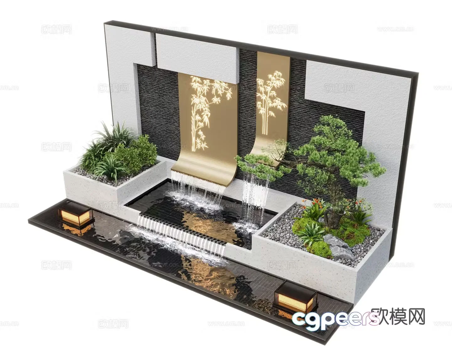 Modern courtyard waterscape waterscape wall stacked water plants landscape sketch fish pond 3d model