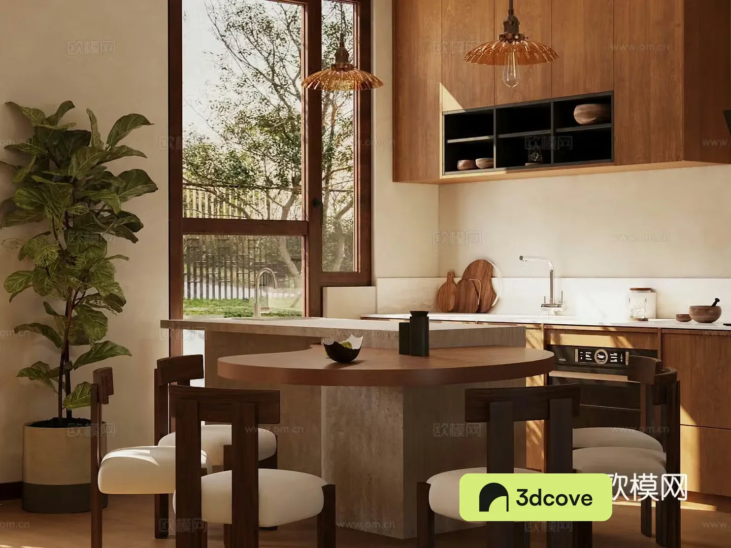 Middle style home restaurant Open restaurant Log style home restaurant Kitchen restaurant Round table 3D model