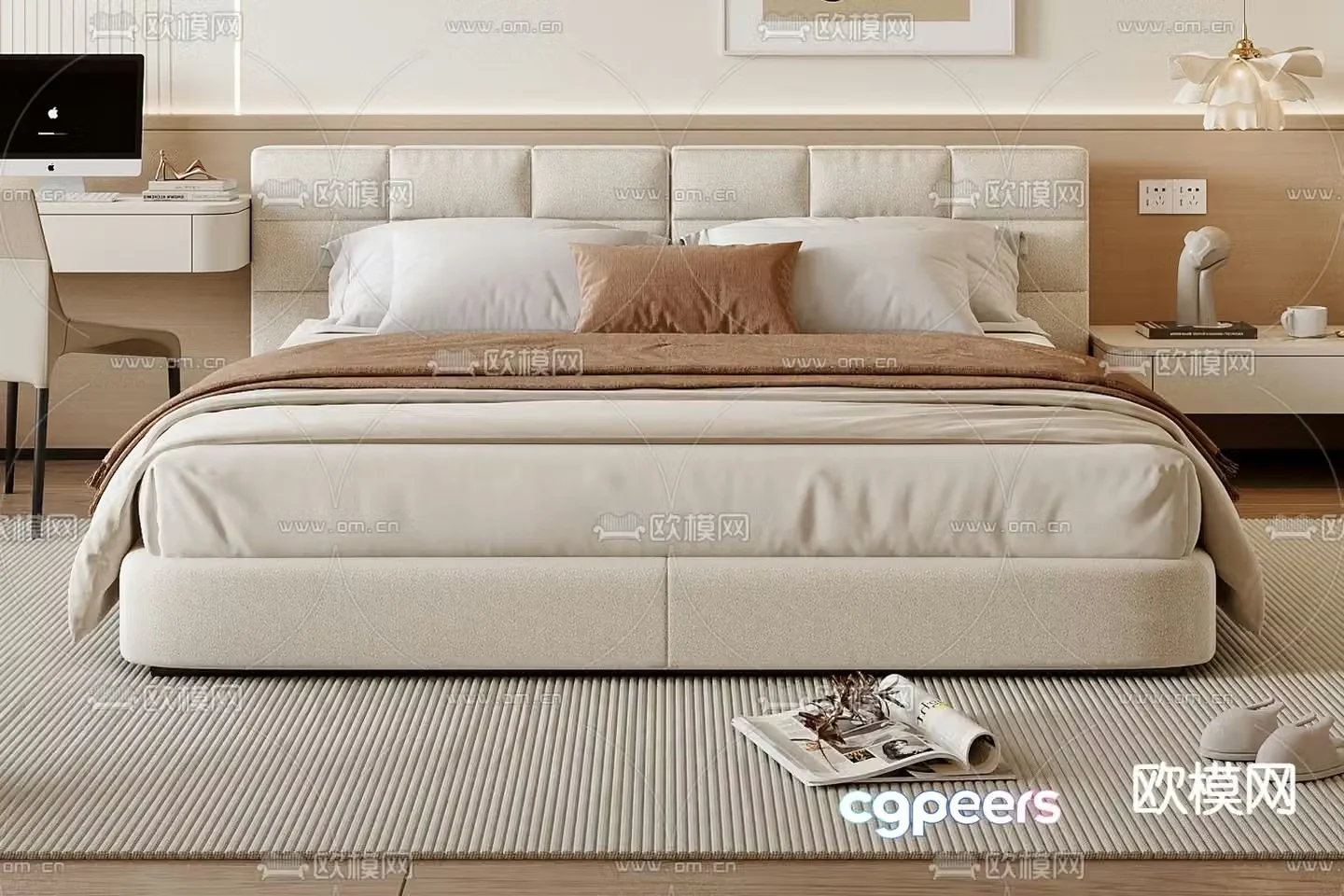 Cream style double bed 3d model