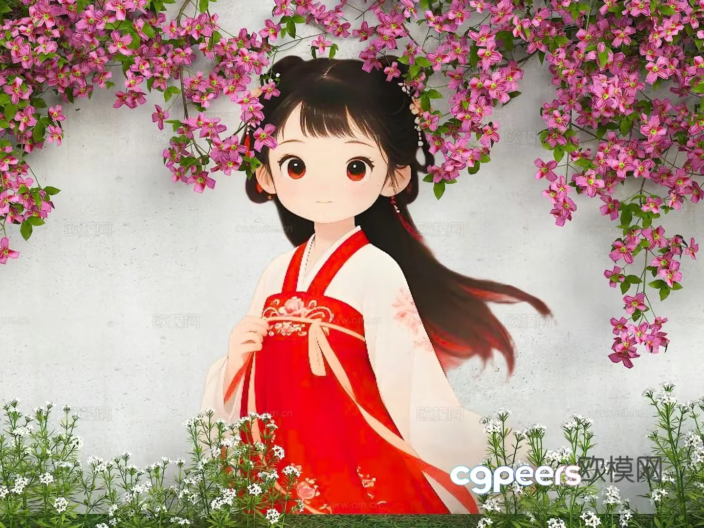 Flower wall fence cartoon wall flower girl hair modern beauty wall wall painting 3d model