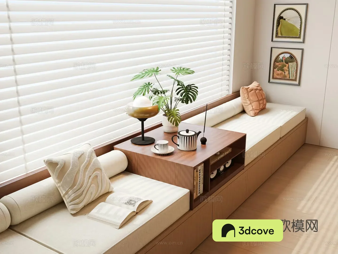 Modern medieval bay window cabinet Bathroom cushion Medium style cushion Cushion Venetian blinds Curtain 3D model