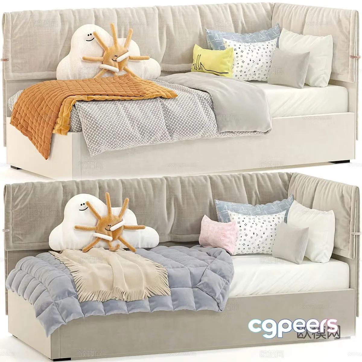 Modern cream style fabric children’s sofa bed 3d model