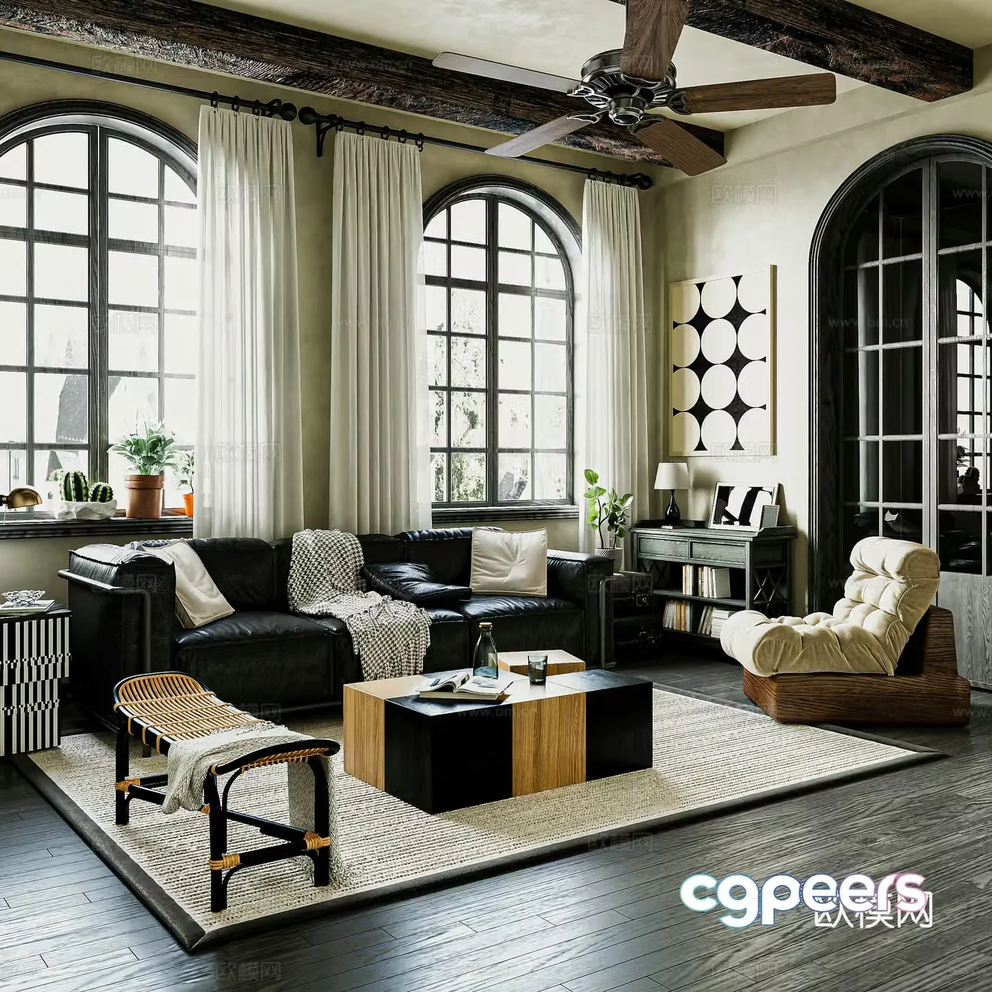 American retro villa living room oil wax leather sofa rattan bench floor lamp side cabinet retro floor 3D model