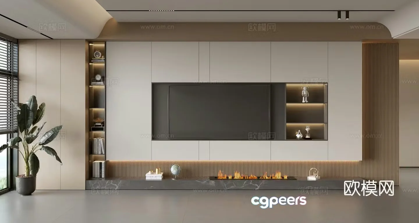 Modern TV background wall modern ornament balcony cabinet living room cabinet wood veneer background wall 3d model