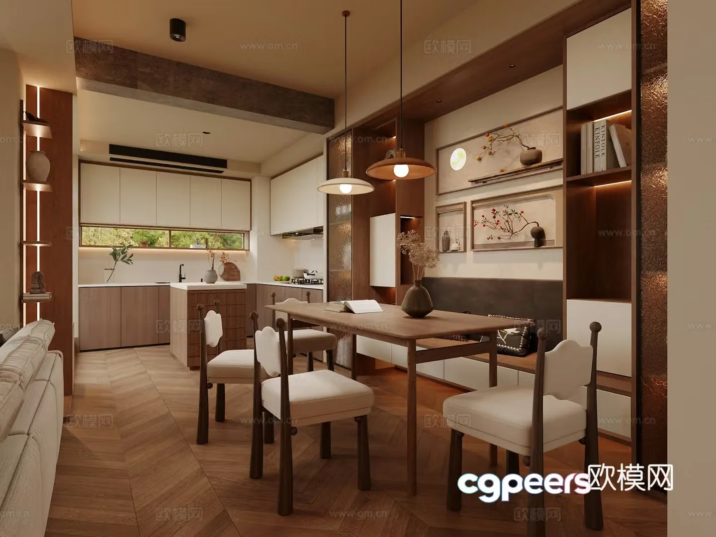 Chinese restaurant dining table and chair combination open kitchen card seat hanging painting 3D model