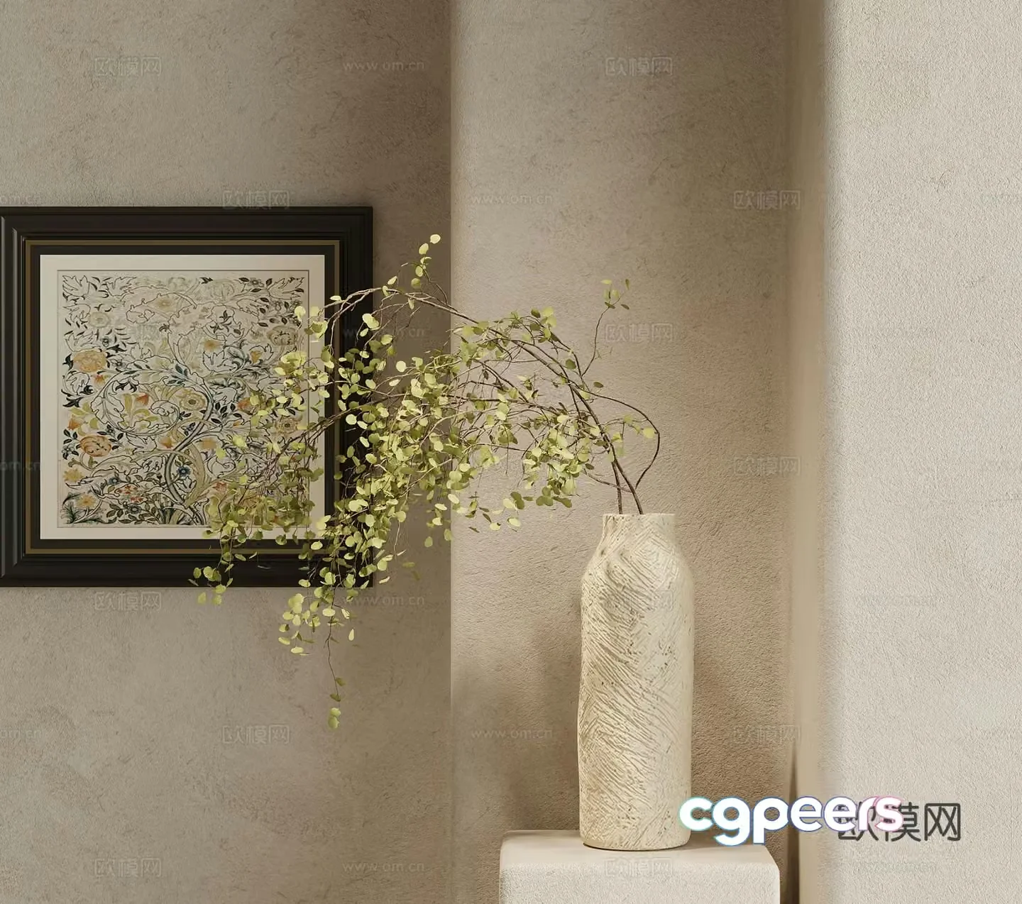 wabi-sabi vase floral arrangement green plant 3d model