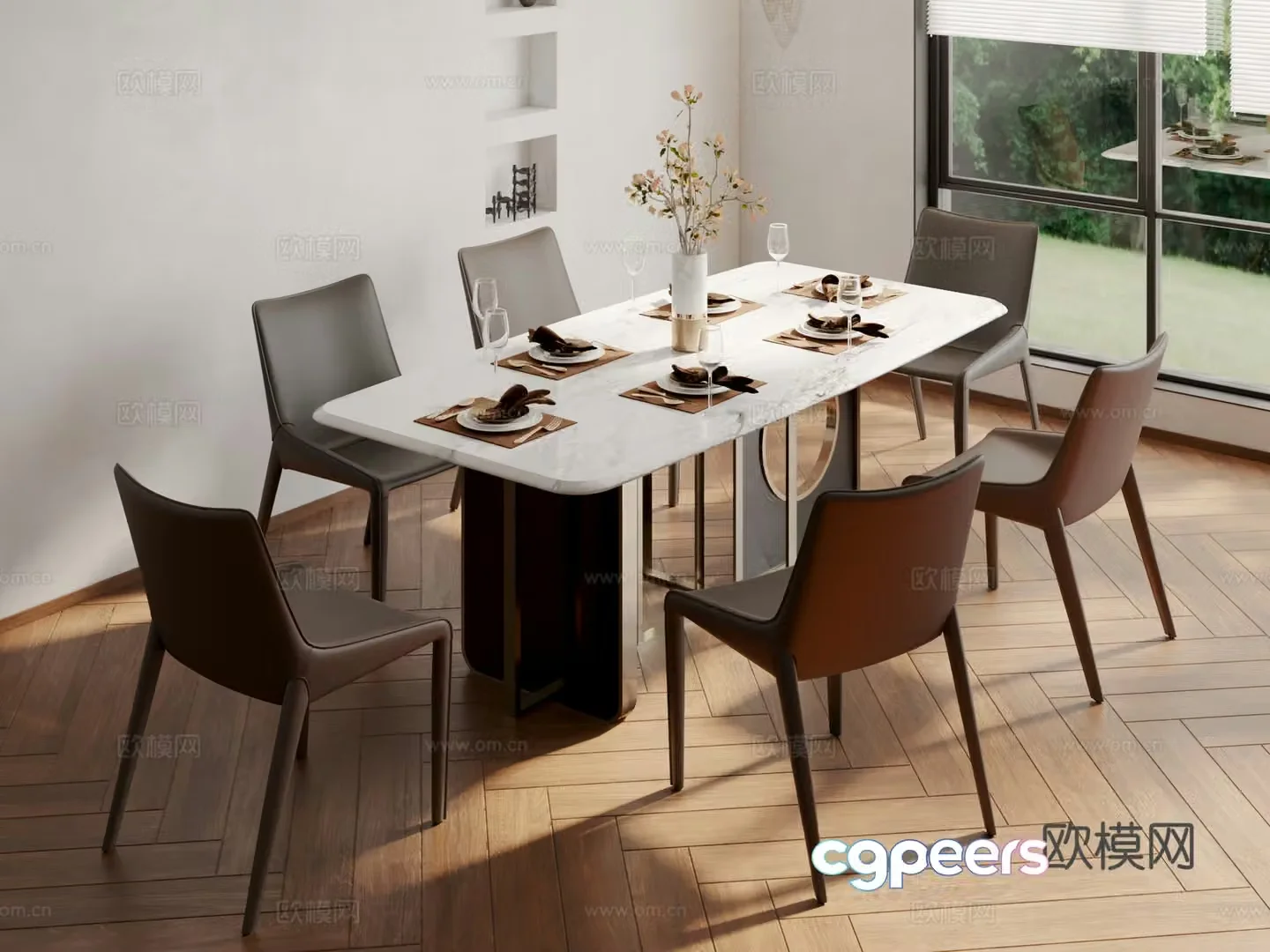 Modern slate dining table and chairs 3d model