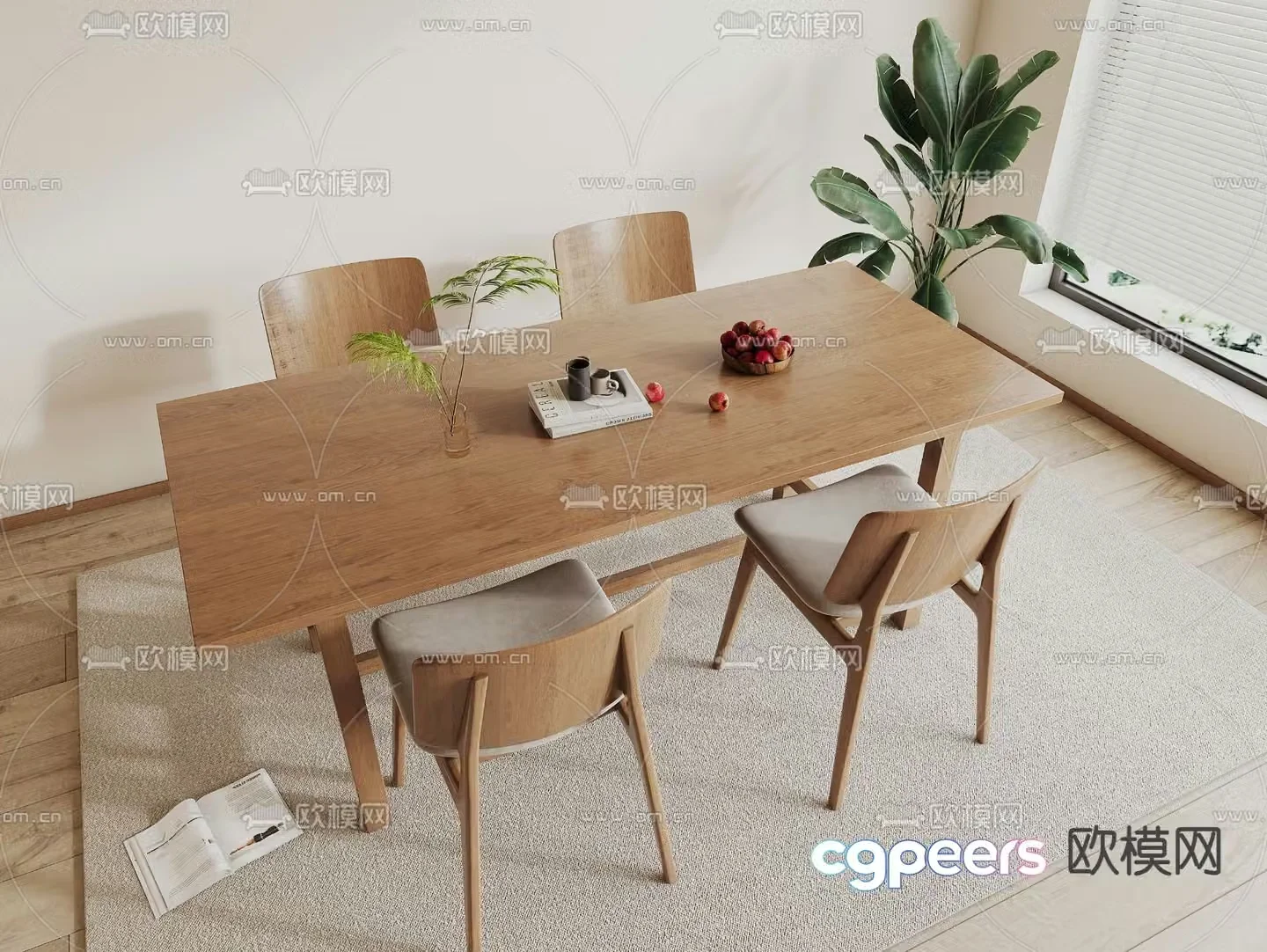 Long dining table and chairs 3d model