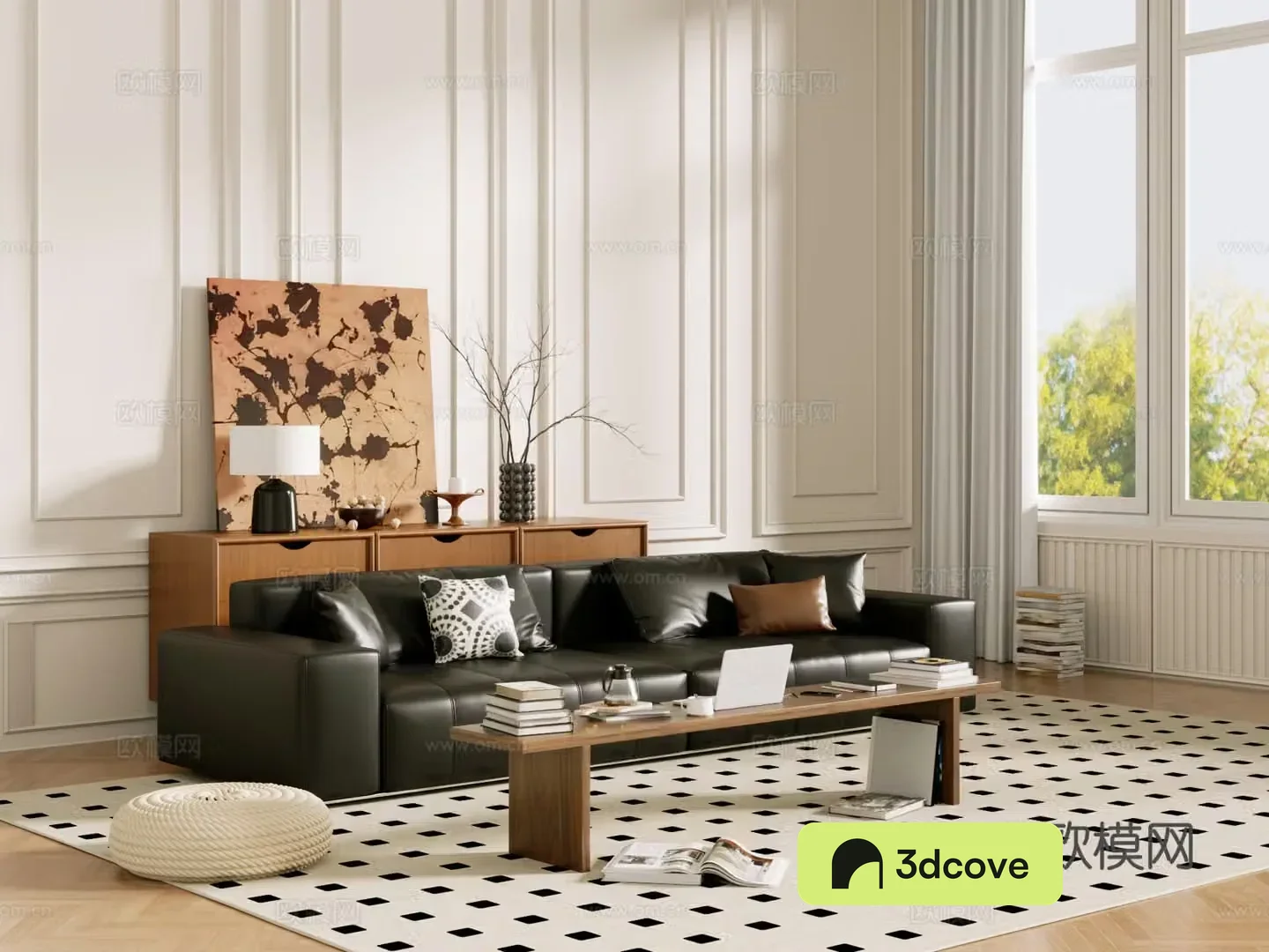 Middle-aged sofa combination coffee table carpet multi-person sofa 3D model