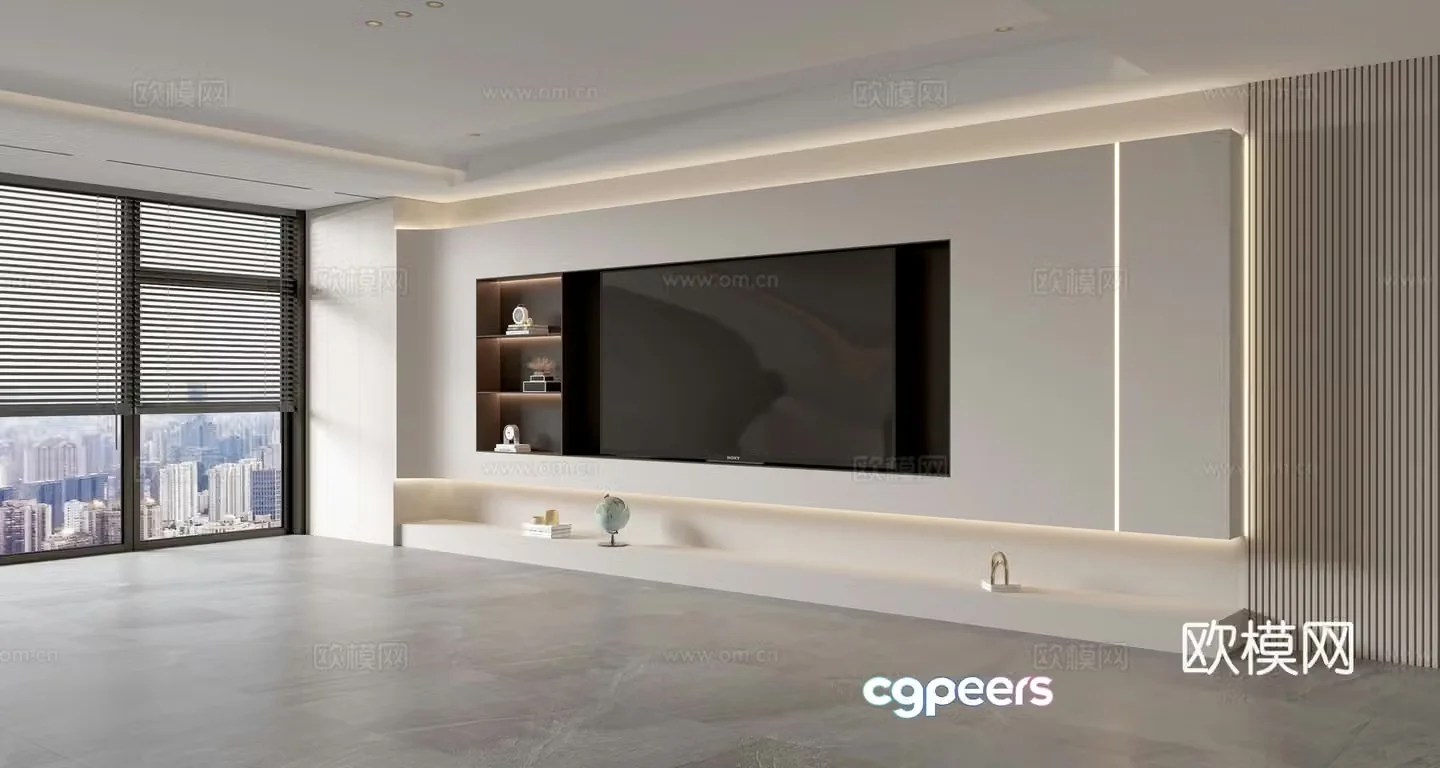 Modern creamy living room light luxury TV background wall creamy TV background wall full wall TV cabinet 3D model